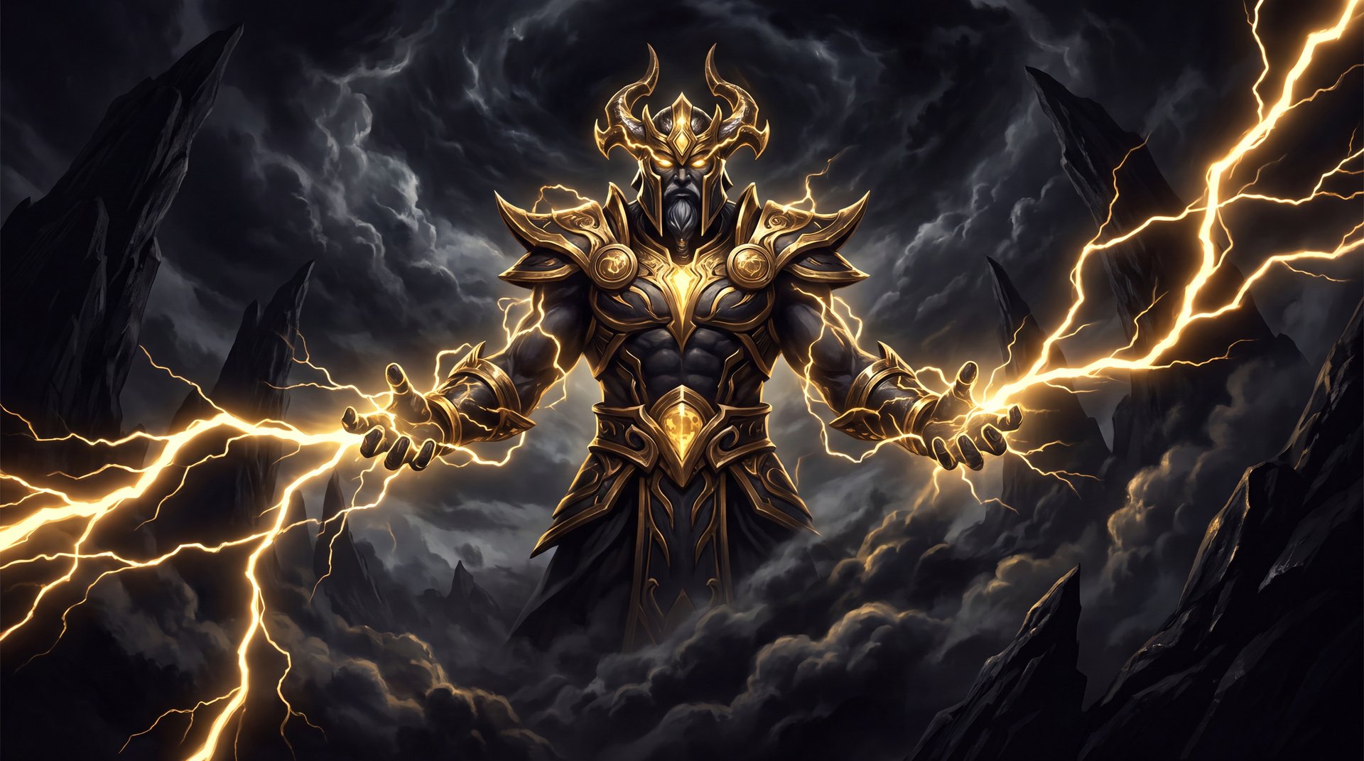 Zeus Dota 2 hero portrait lightning god cinematic gold black