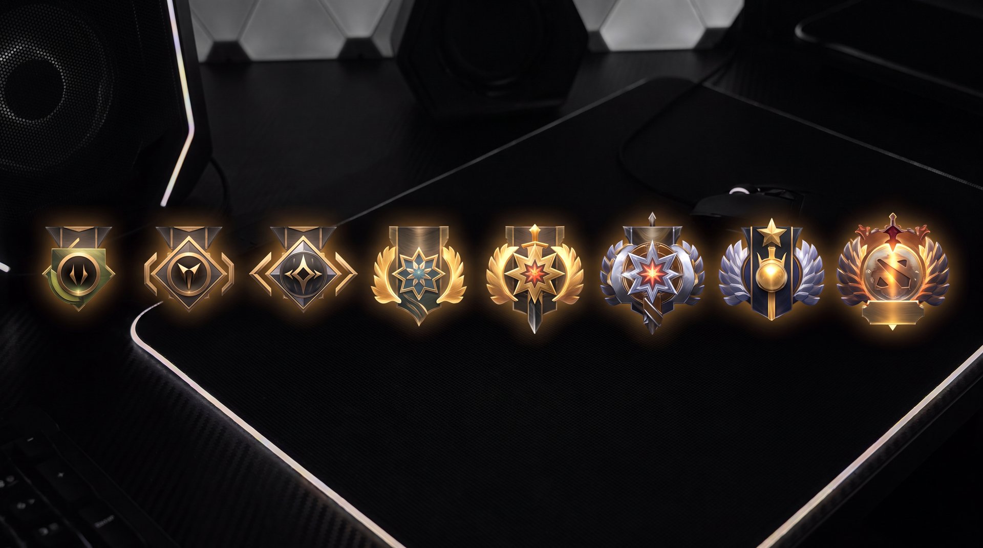 Dota 2 calibration rank medal system showing MMR brackets from Herald to Immortal