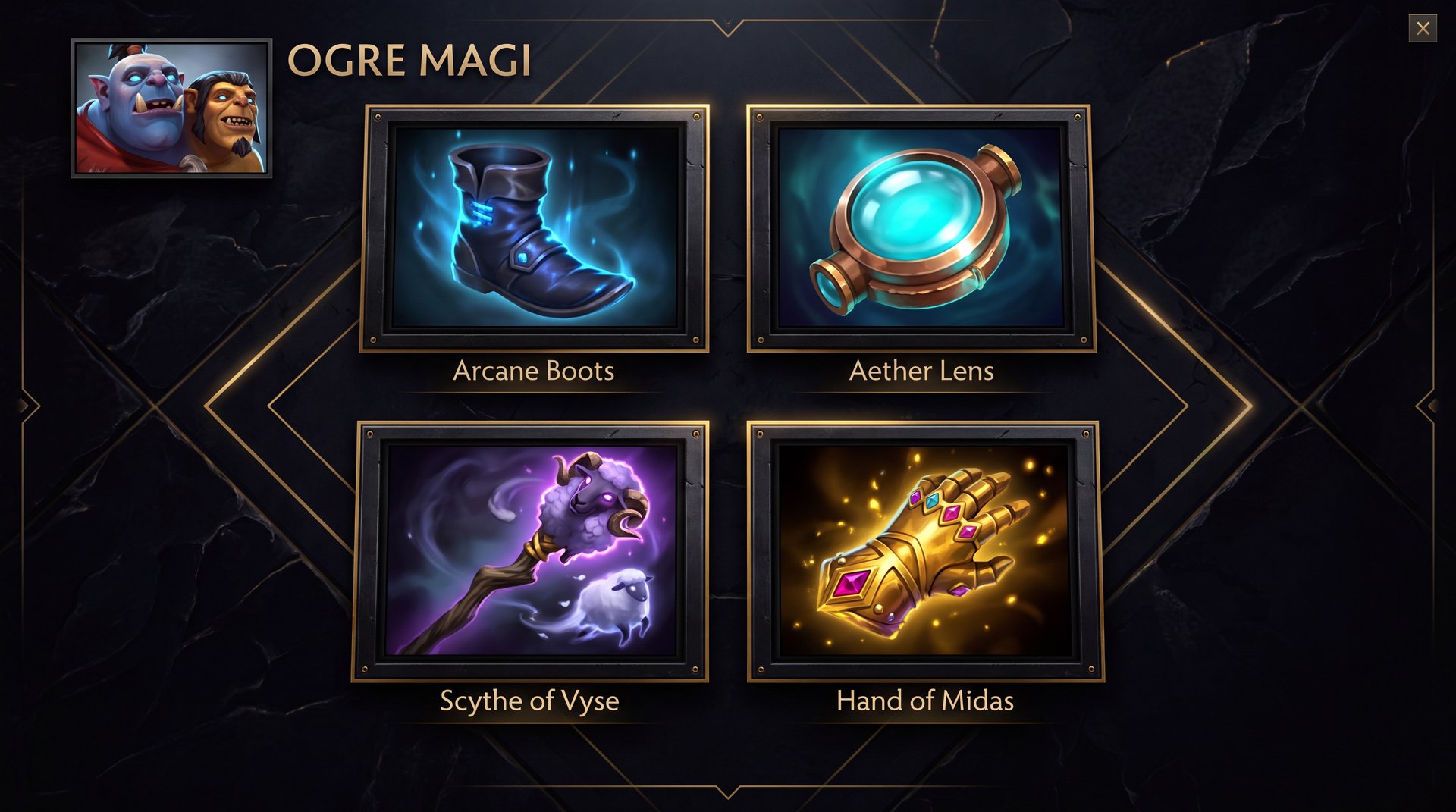 Ogre Magi item build progression in Dota 2 - Arcane Boots Aether Lens Scythe of Vyse