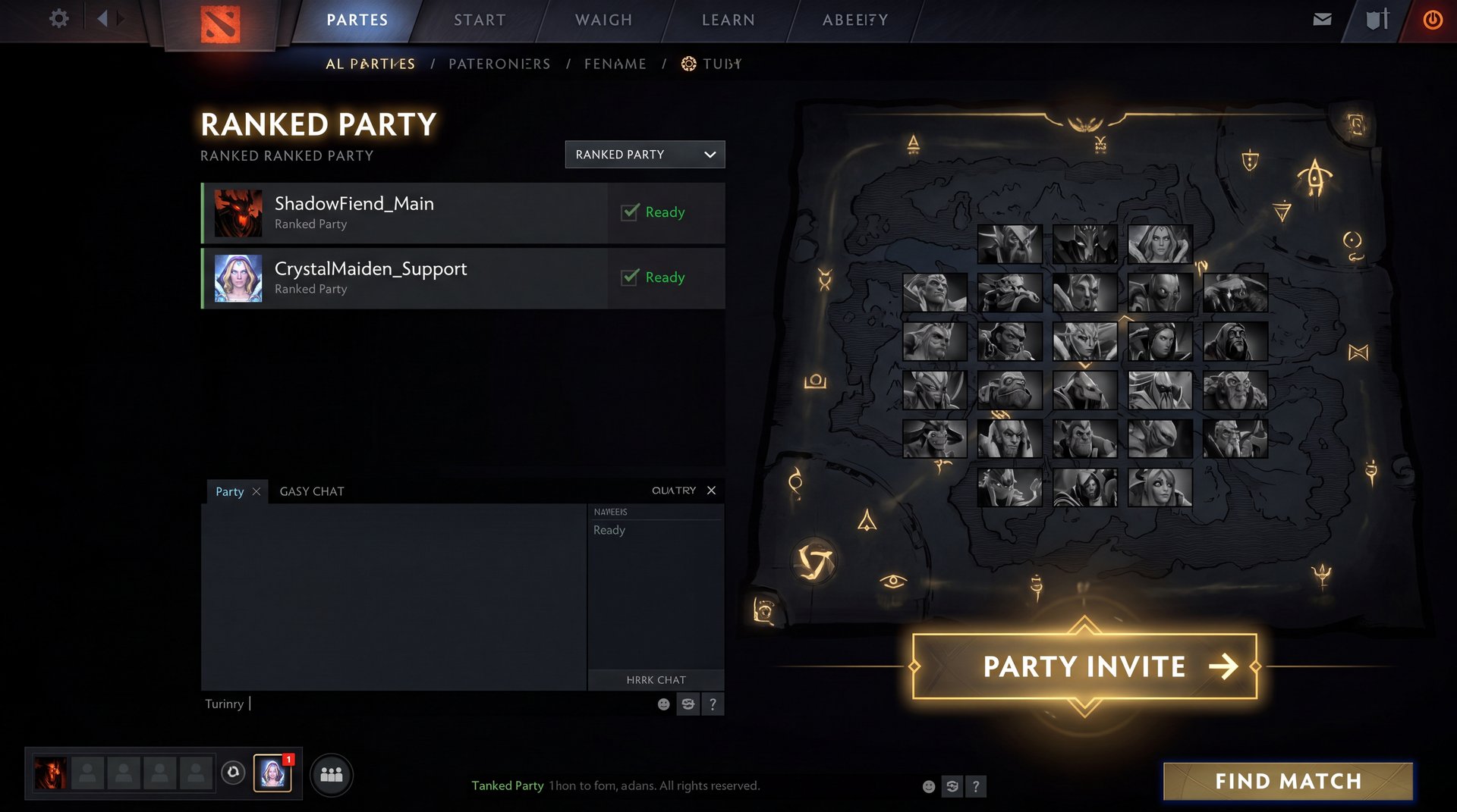 Dota 2 duo boost party screen showing two players ready to queue ranked match