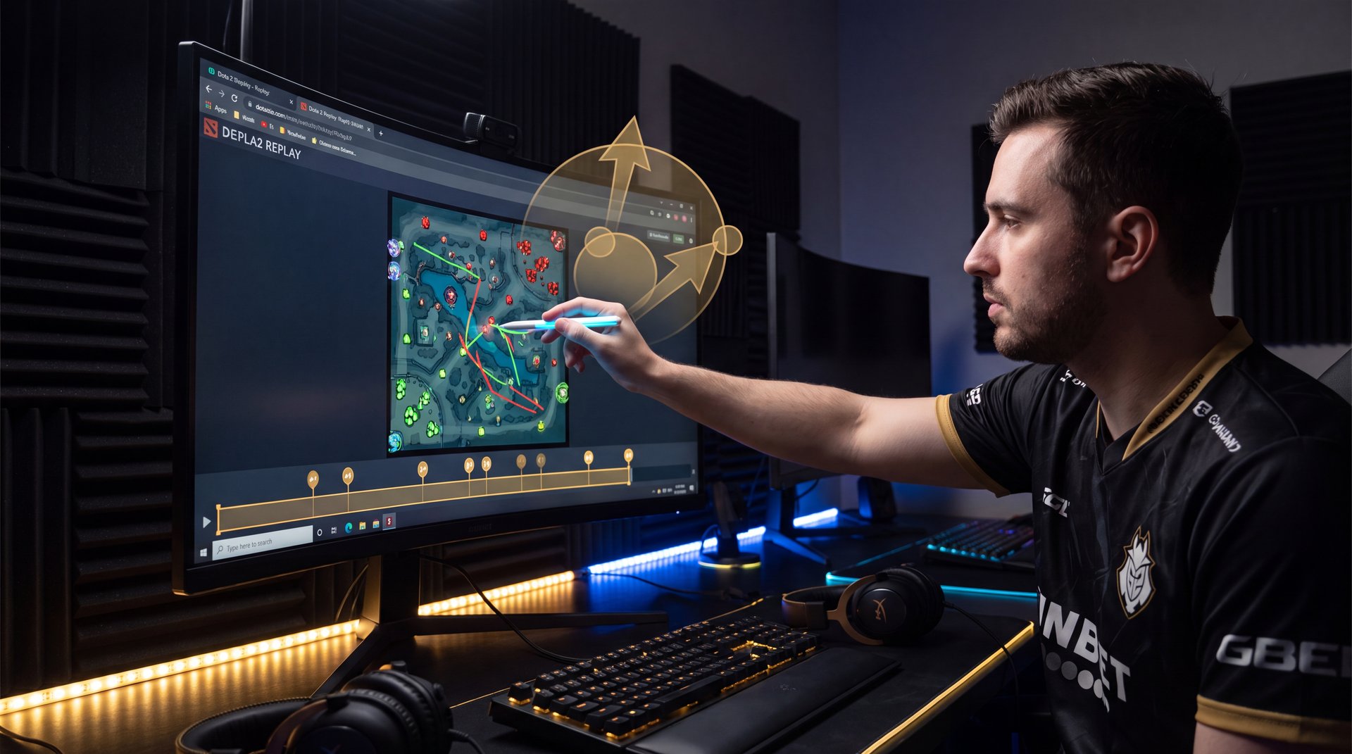 Dota 2 coaching session with Immortal coach reviewing replay on dual monitors dark gaming setup gold accents
