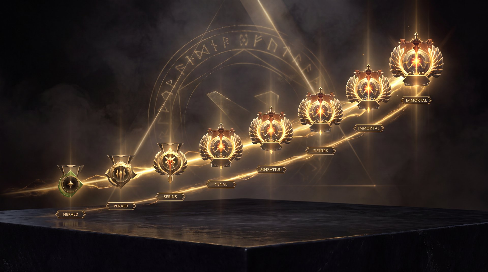 Dota 2 rank medals from Herald to Immortal displayed in dark background with gold highlights