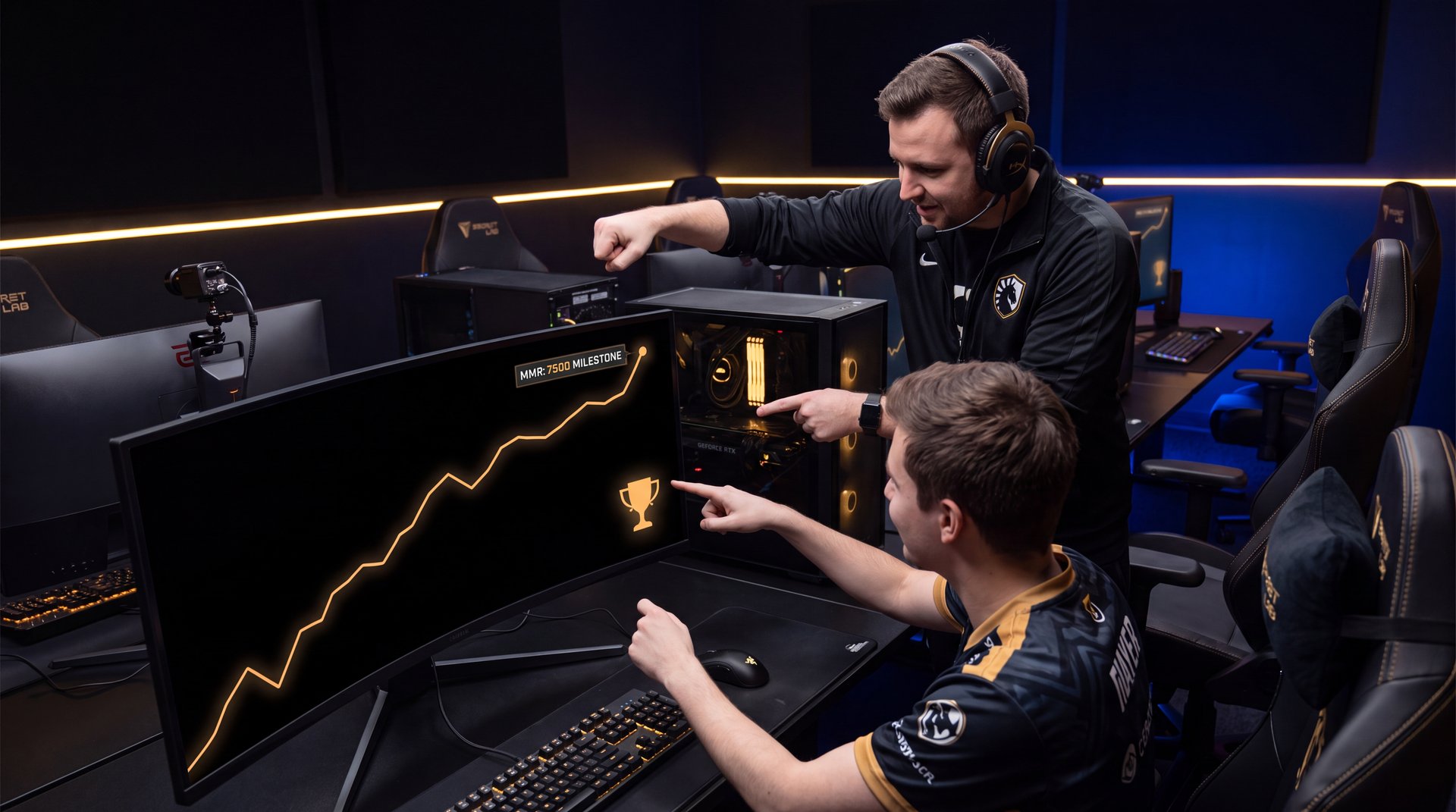 Dota 2 MMR growth progress visualization with coach and player working together dark cinematic gold accents