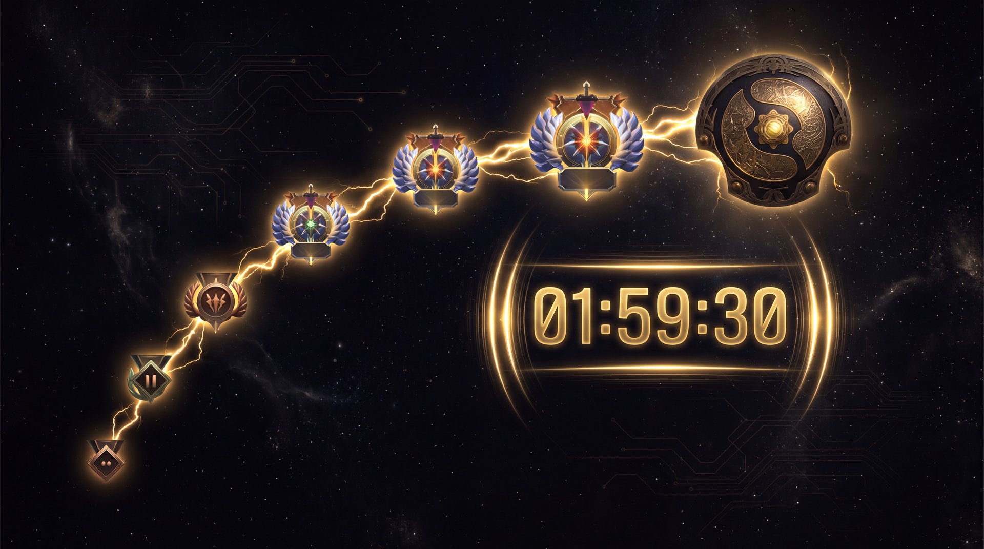 Dota 2 fast MMR boost service with rank medals progression and countdown timer gold on black background