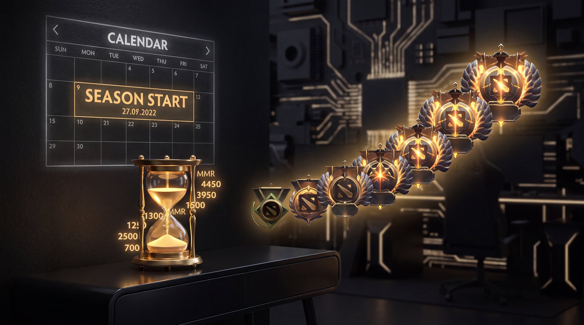 Dota 2 new season recalibration MMR boost timing strategy golden hour glass rank medals