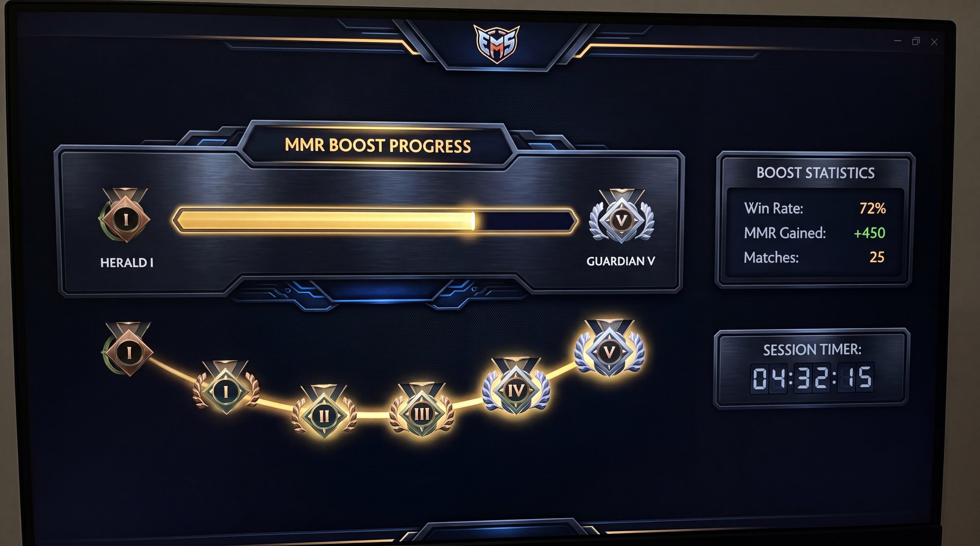 Dota 2 boost delivery timeline progress bar rank advancement gold black cinematic