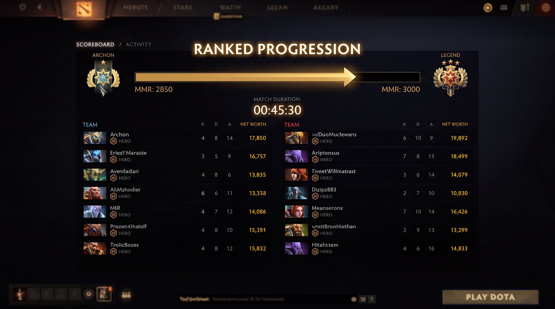 Dota 2 ranked progression MMR climb timer scoreboard Archon to Legend