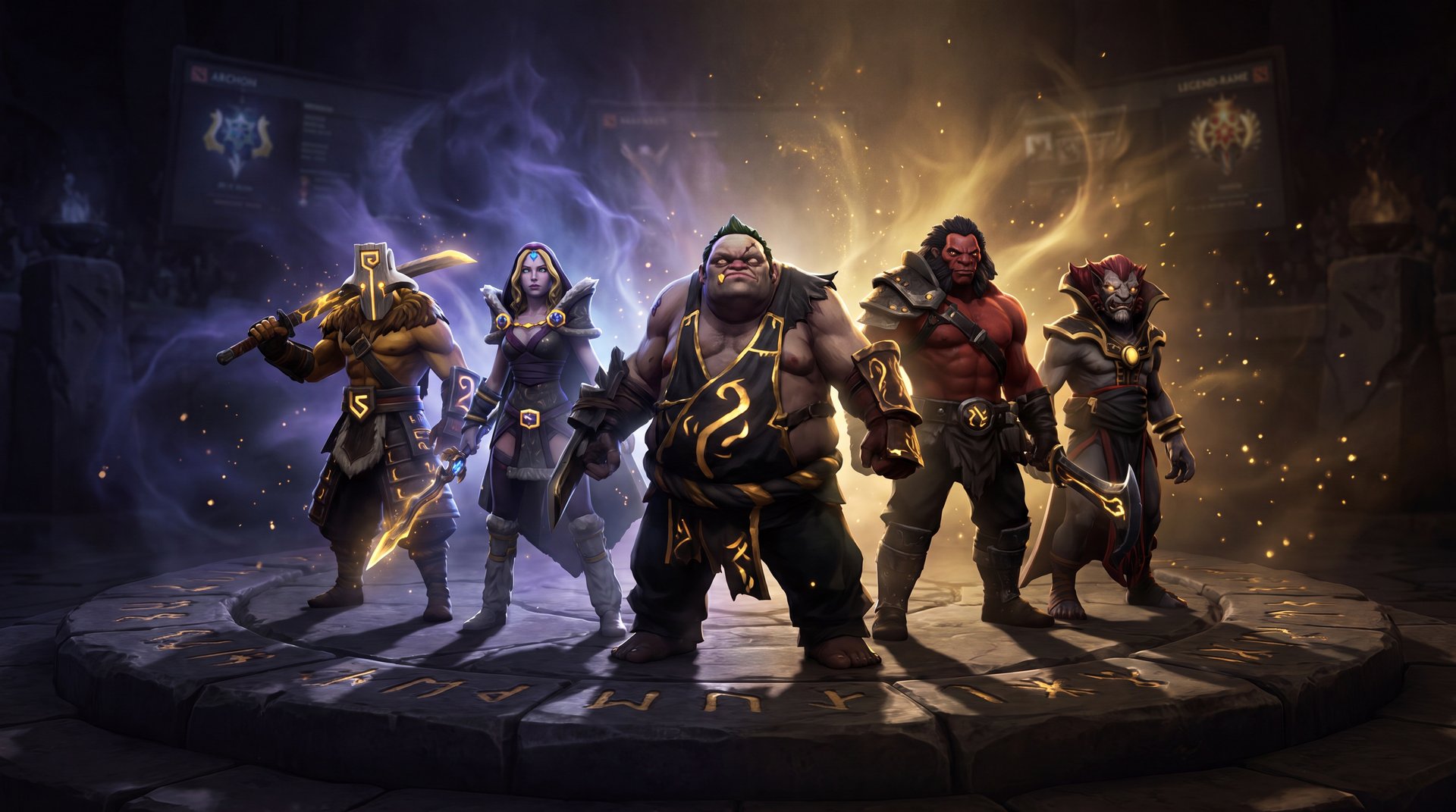 Dota 2 ranked match lobby showing Archon players preparing for game, dark cinematic style