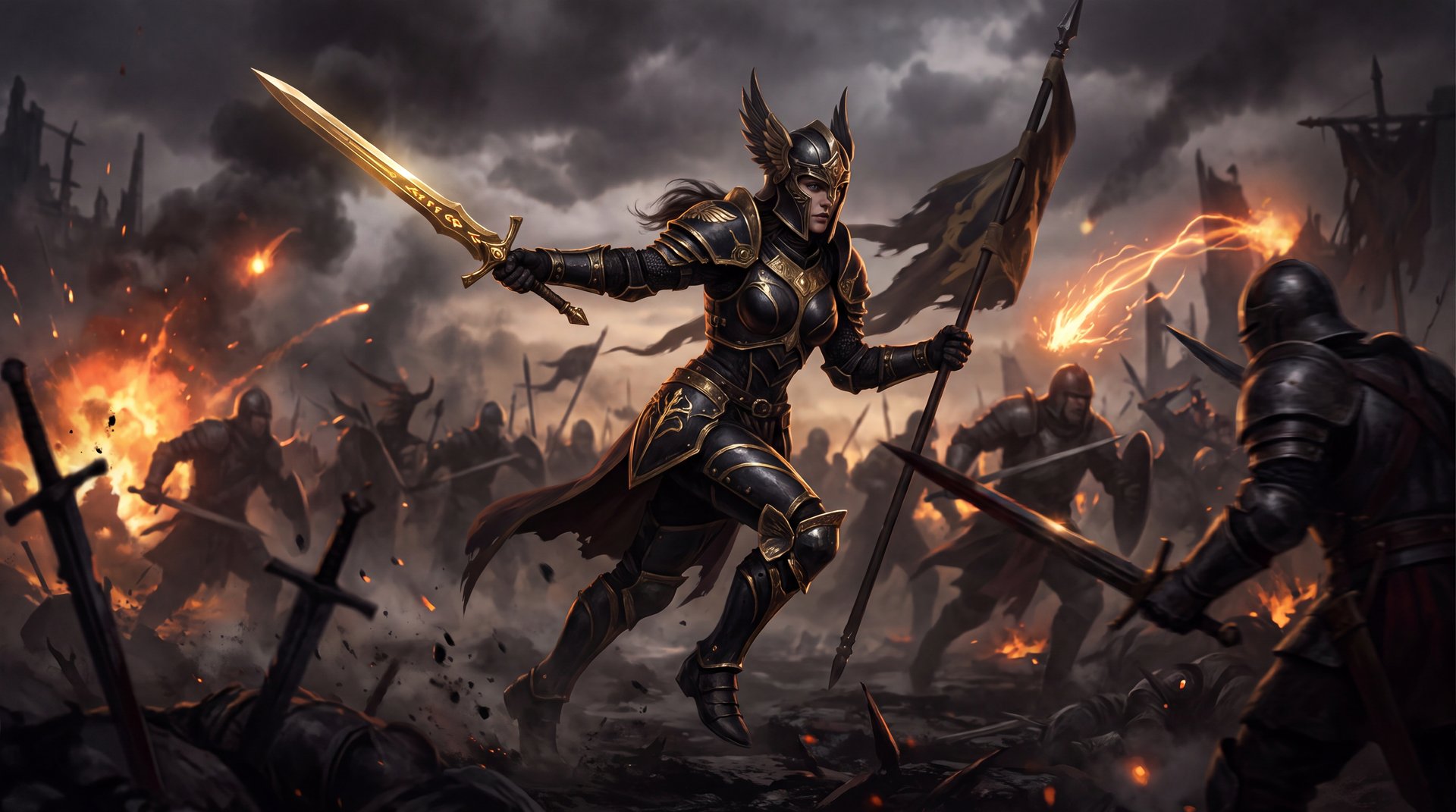 Legion Commander teamfight positioning Dota 2 cinematic dark gold warrior