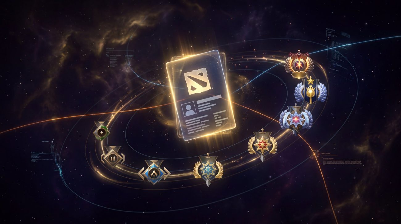 Dota 2 account marketplace cinematic with rank medals gold on black