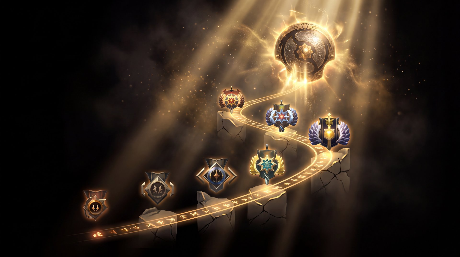 Dota 2 rank medals from Herald to Immortal displayed on dark background with gold accents