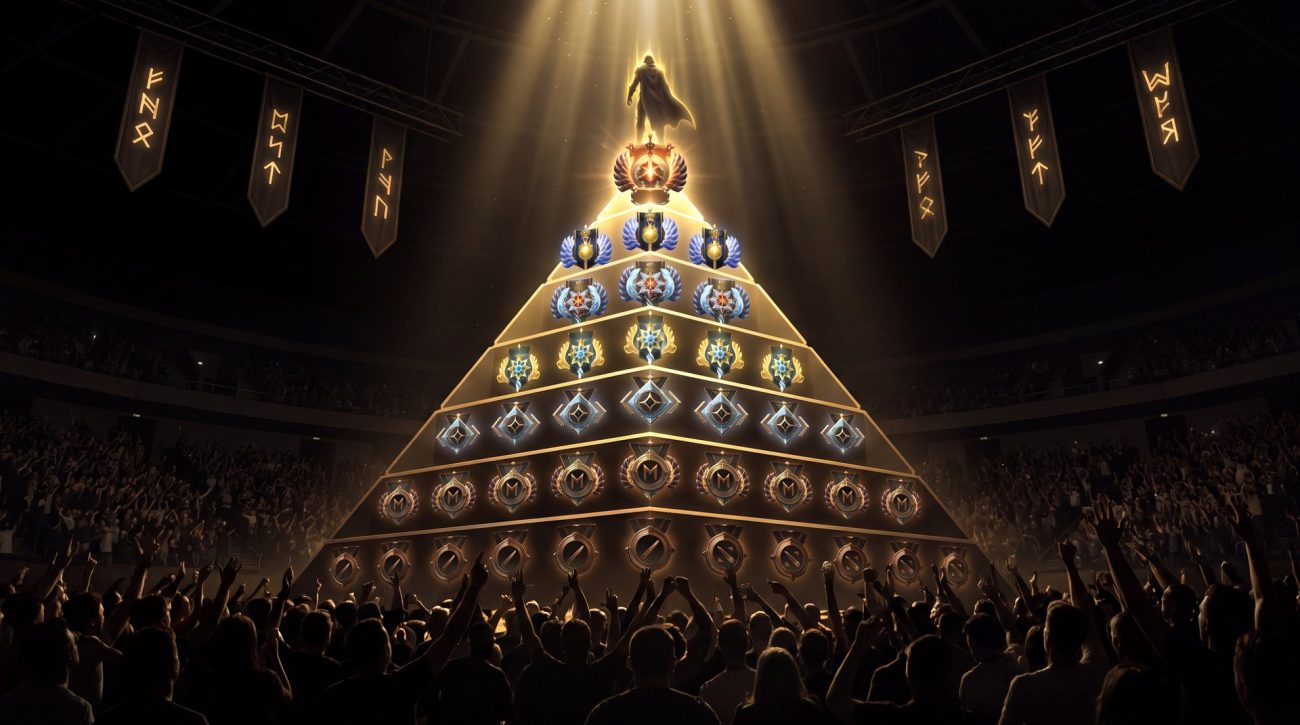Dota 2 rank distribution pyramid showing all eight ranks from Herald to Immortal