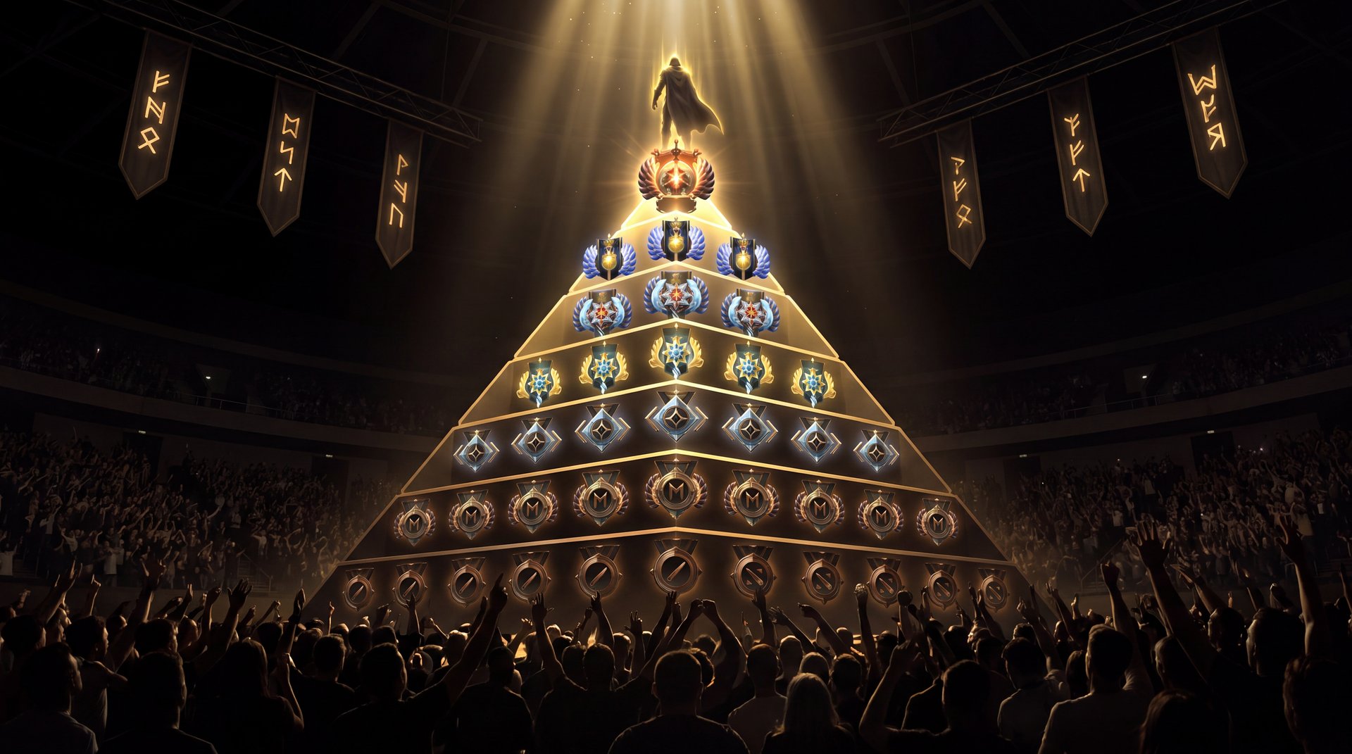 Dota 2 rank distribution pyramid showing all eight ranks from Herald to Immortal