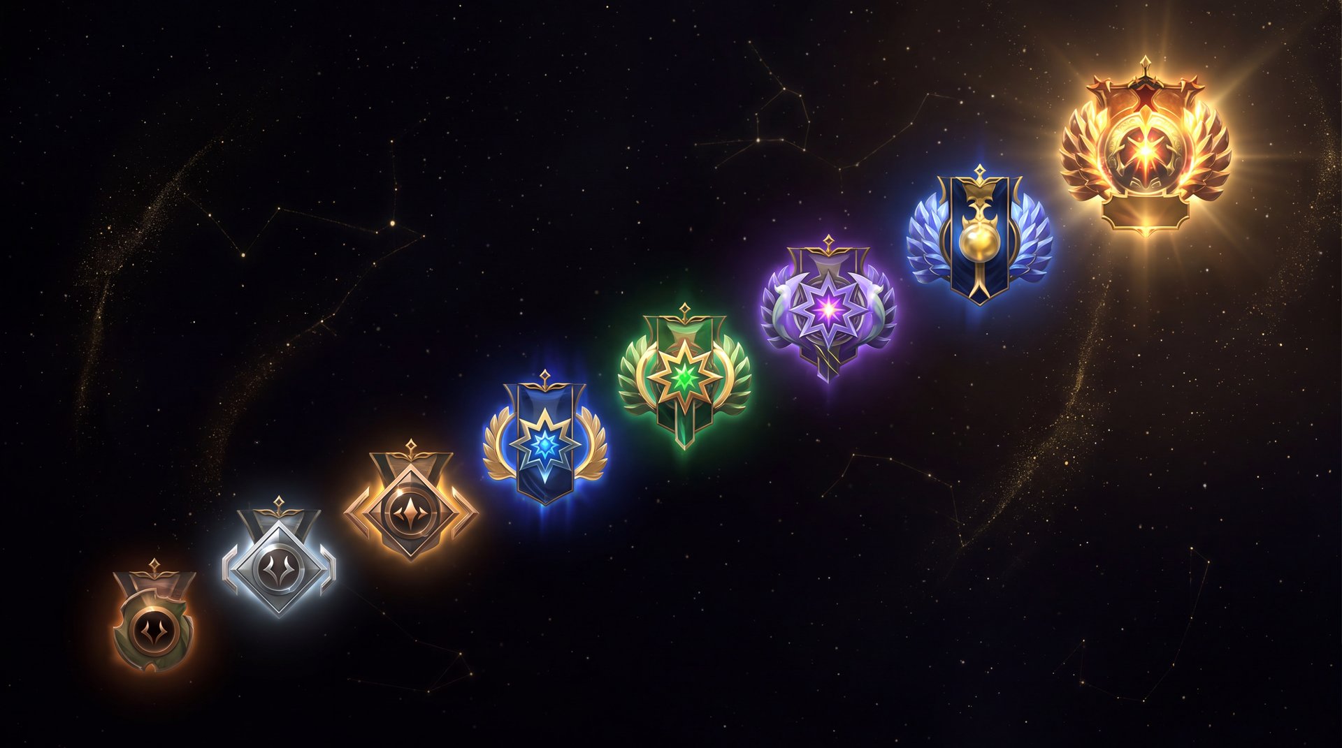 Dota 2 rank medals from Herald to Immortal displayed on dark background with gold accents