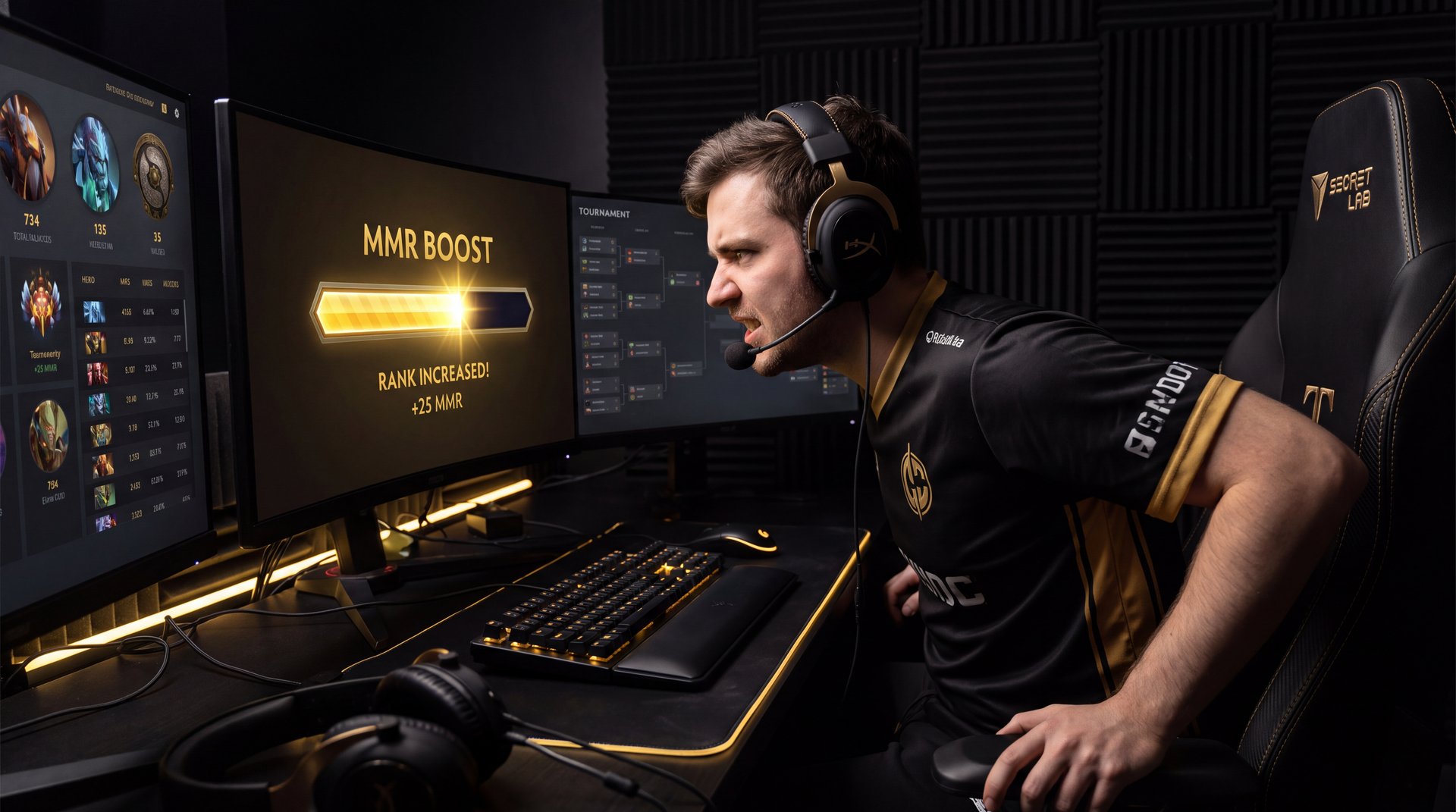 Dota 2 player at gaming setup watching rank increase notification with MMR progression bar