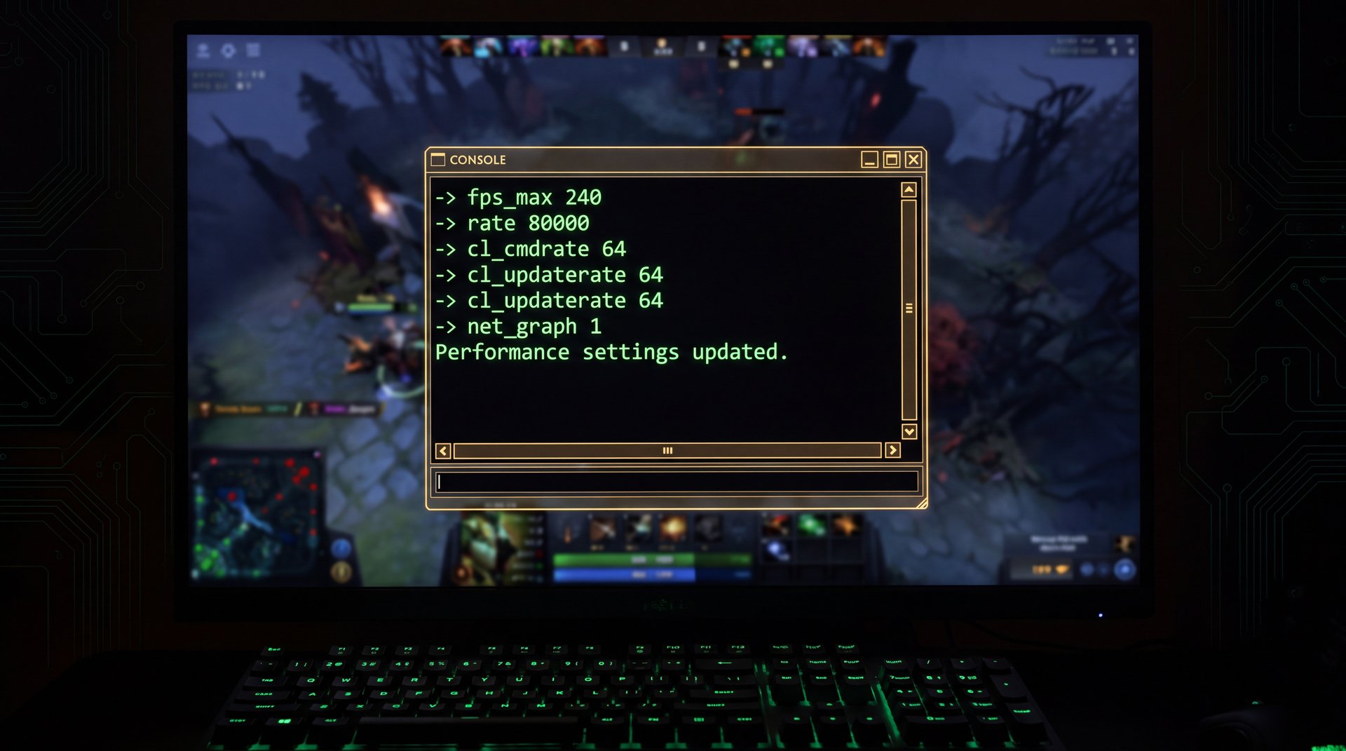 Dota 2 developer console showing fps_max and performance commands for FPS boost