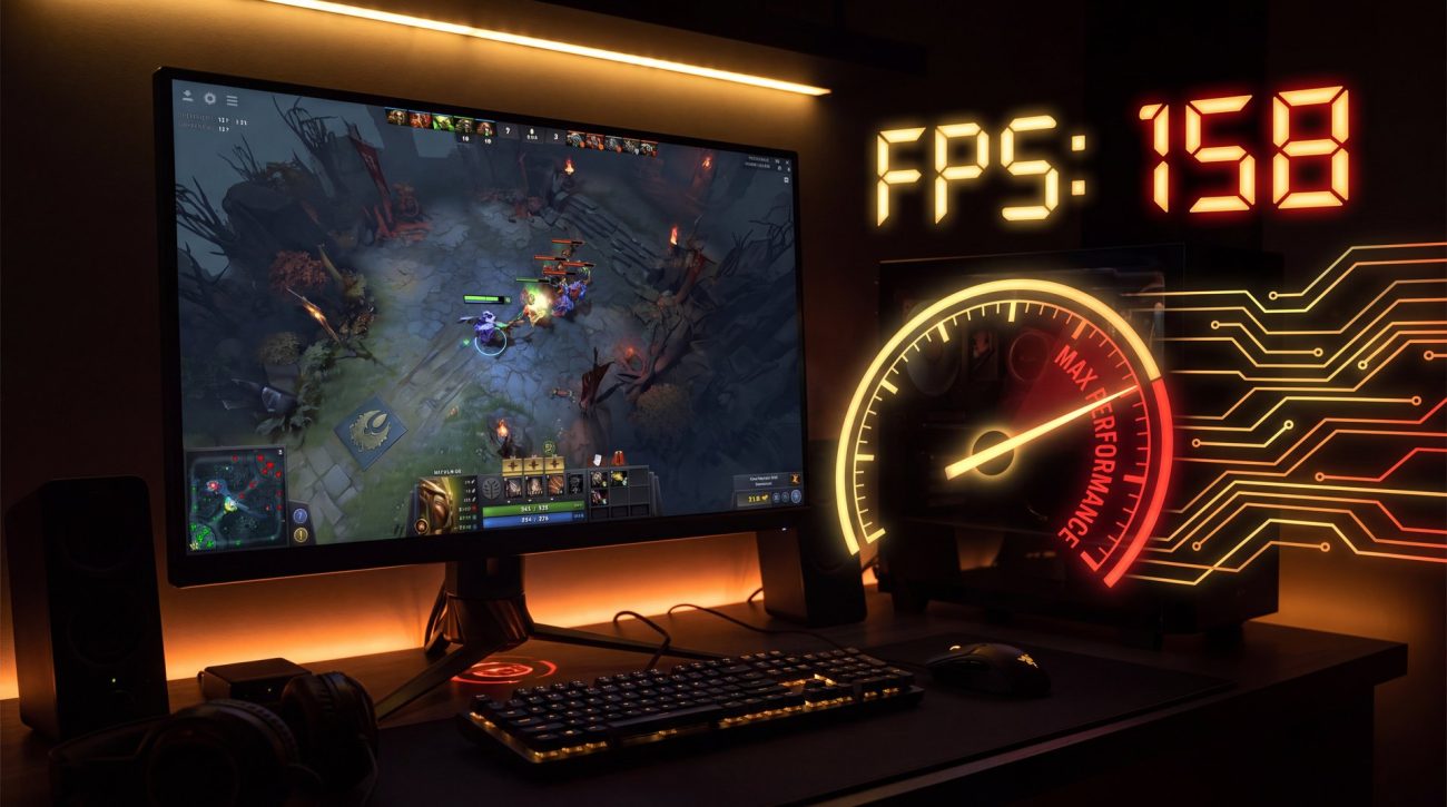 Dota 2 FPS optimization guide - gaming PC monitor showing high frame rate performance metrics
