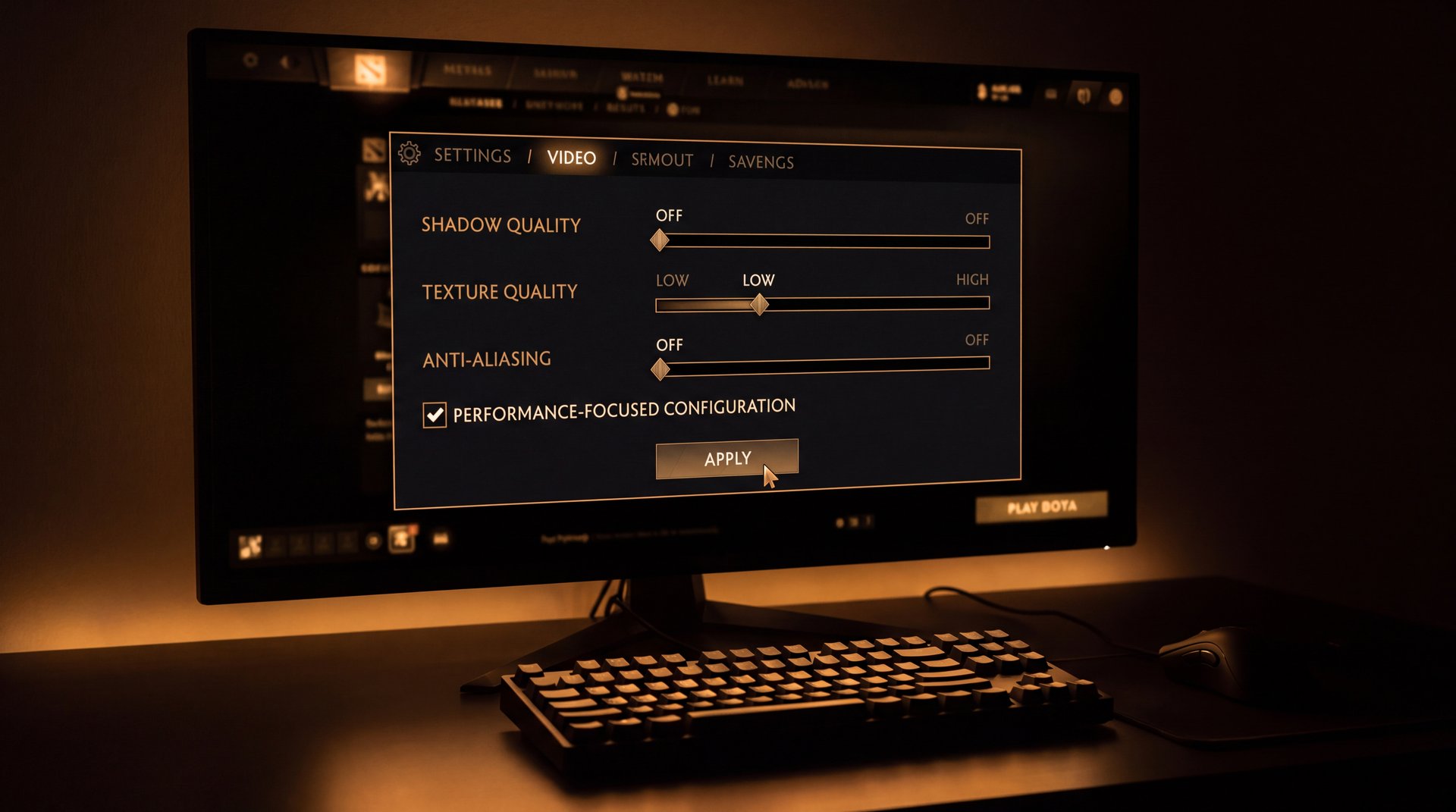 Dota 2 graphics settings panel showing recommended low-latency configuration for maximum FPS