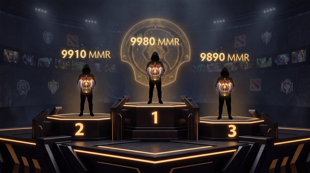 Dota 2 Immortal leaderboard ranking podium with top players and gold MMR numbers