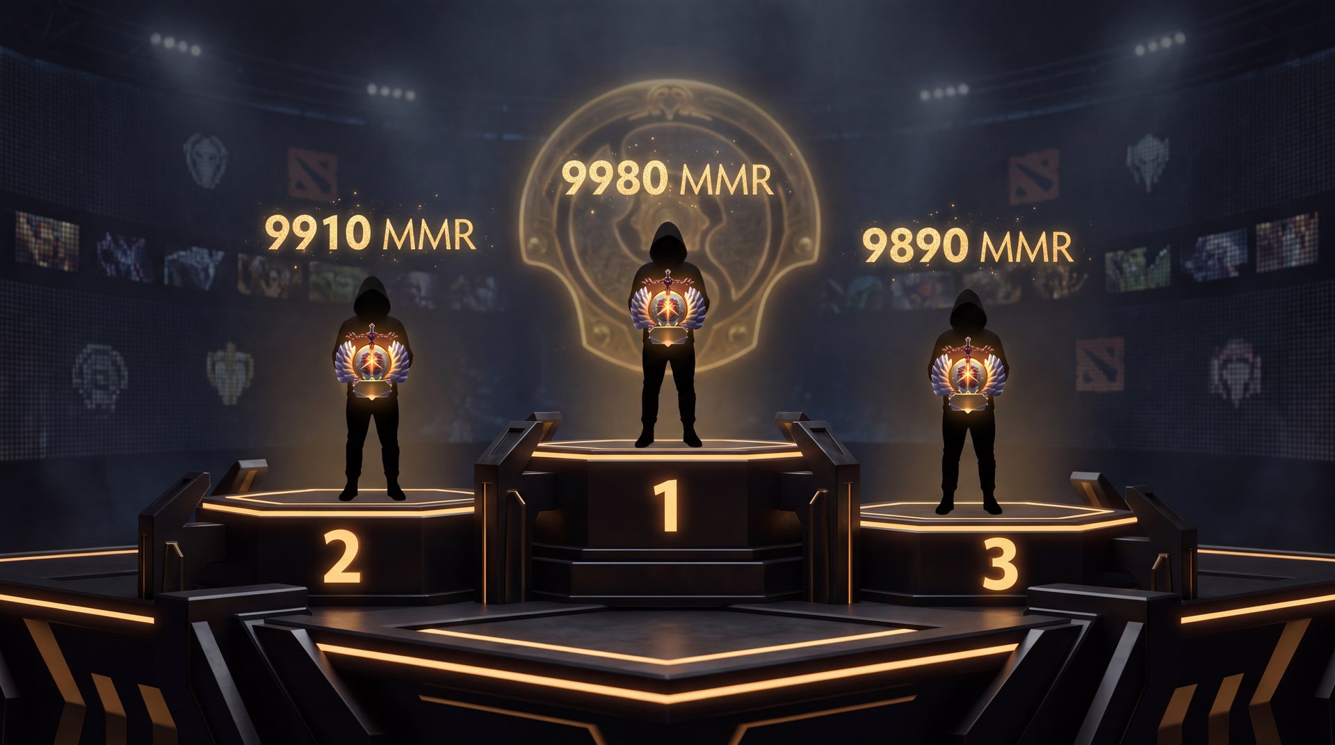 Dota 2 Immortal leaderboard ranking podium with top players and gold MMR numbers