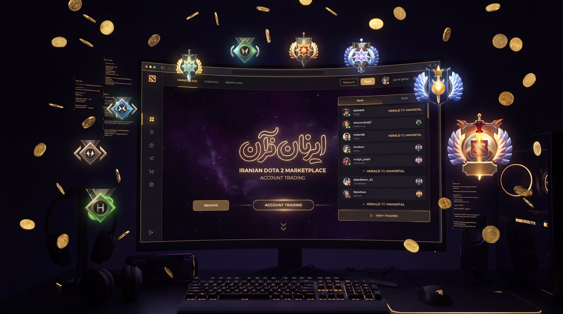 Dota 2 account trading market Iran rank medals gold dark cinematic