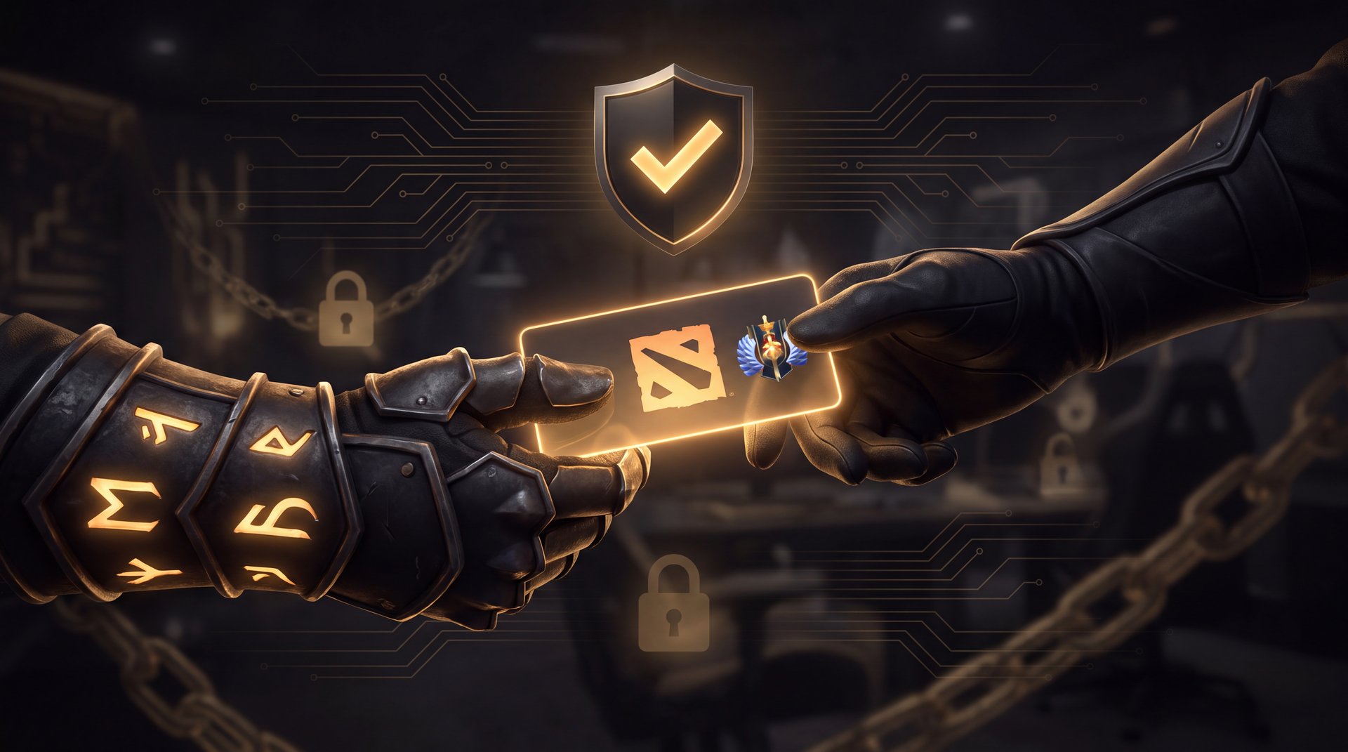 Secure Dota 2 account trading transaction with verification steps cinematic dark