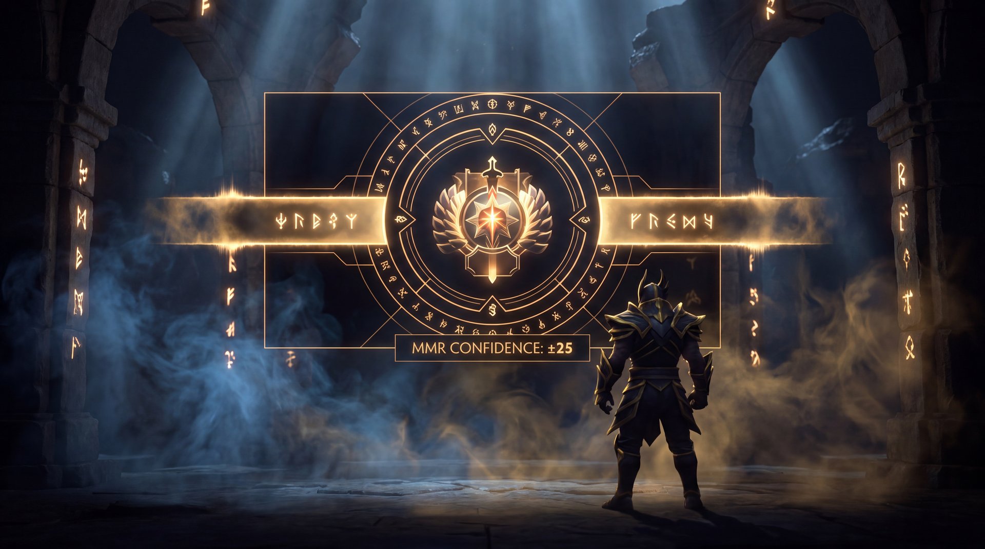 Dota 2 rank confidence system visualization hero standing in front of glowing MMR rank display