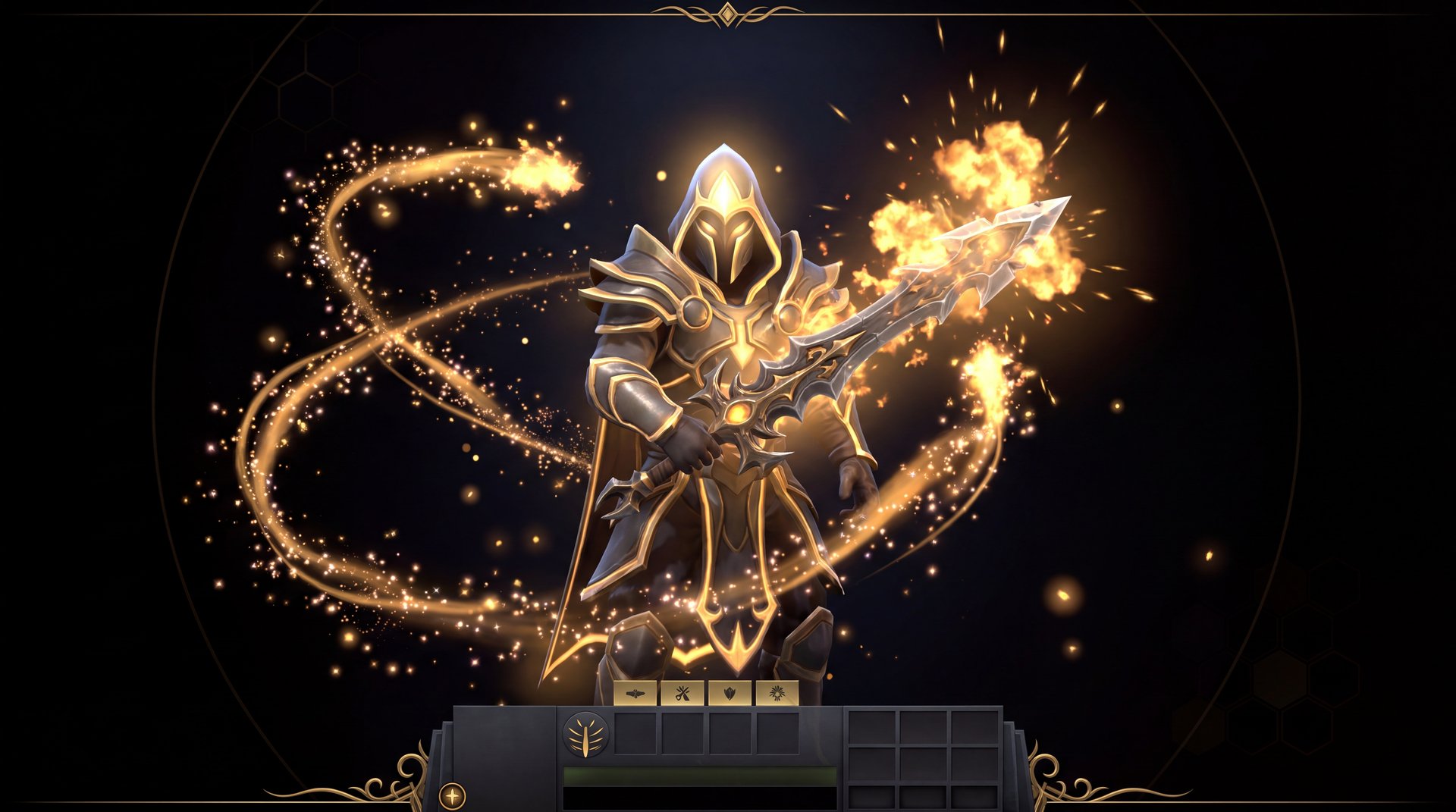 Dota 2 arcana cosmetic item showcase with golden particles on dark background