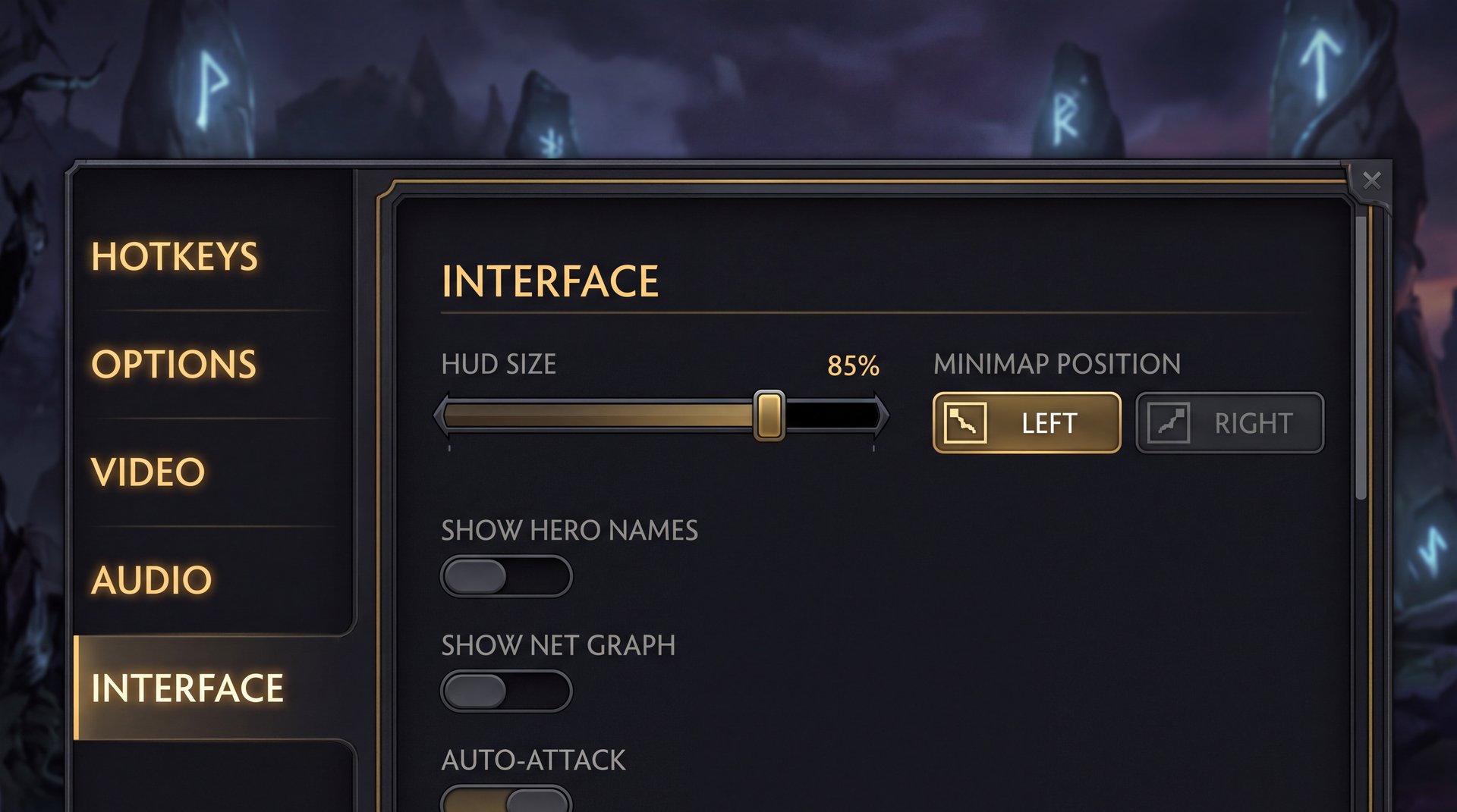 Dota 2 HUD interface settings menu showing size slider and minimap flip options with gold and black theme
