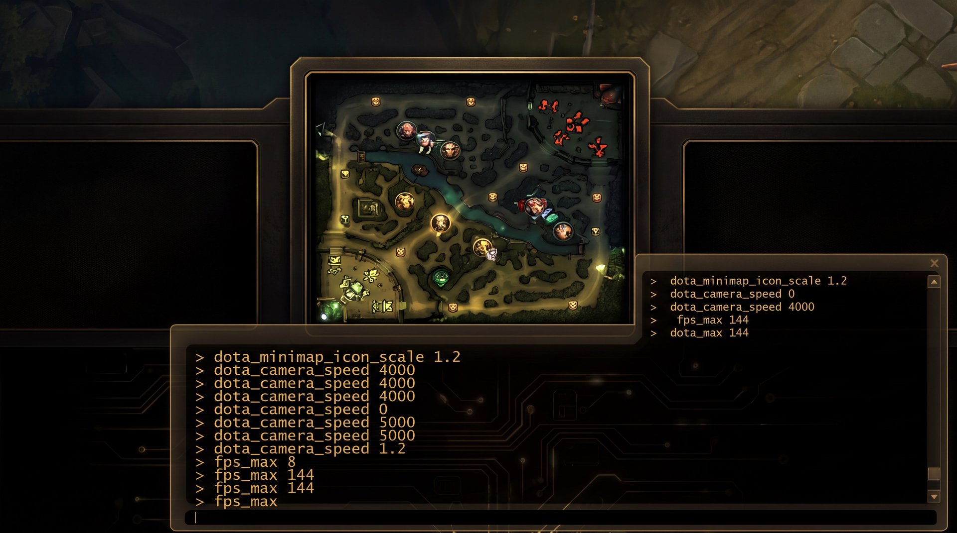 Dota 2 minimap settings and console commands configuration with gold accent gaming aesthetic