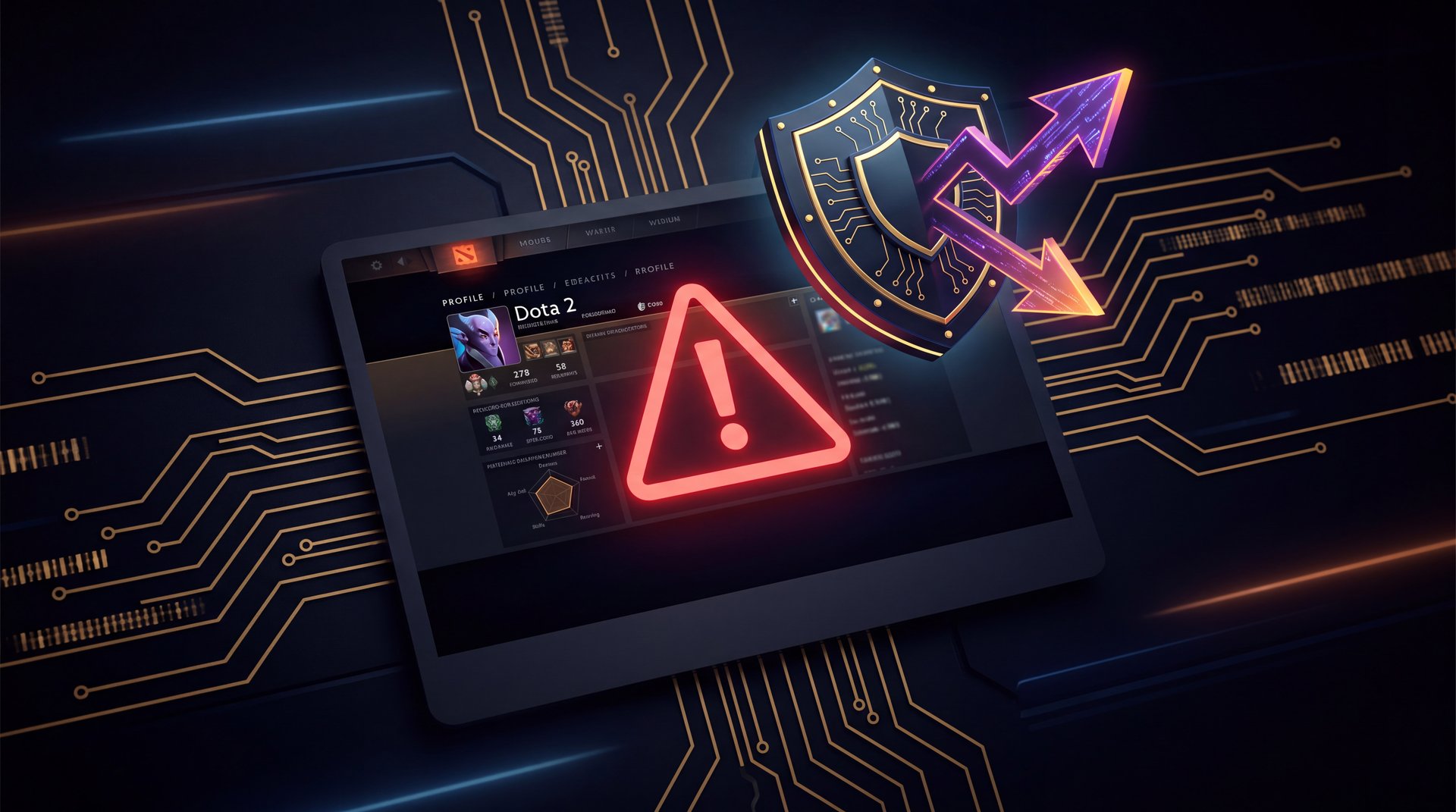 Dota 2 account scam warning and security shield protection concept