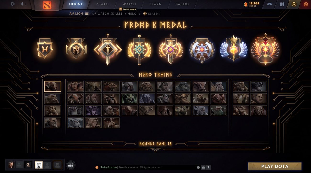 Dota 2 account purchase hero selection with rank medals on dark gold background