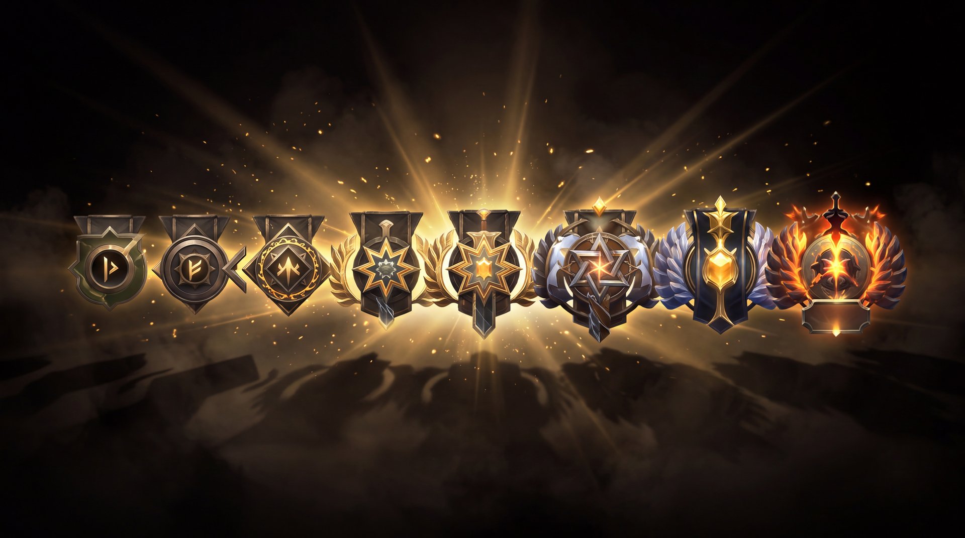 Dota 2 account ranks and medals overview on dark background with gold accents