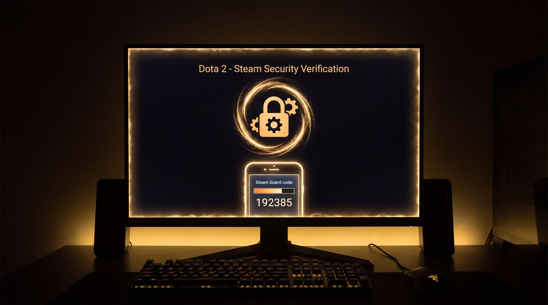 Dota 2 account security verification and Steam Guard authentication on dark gaming background