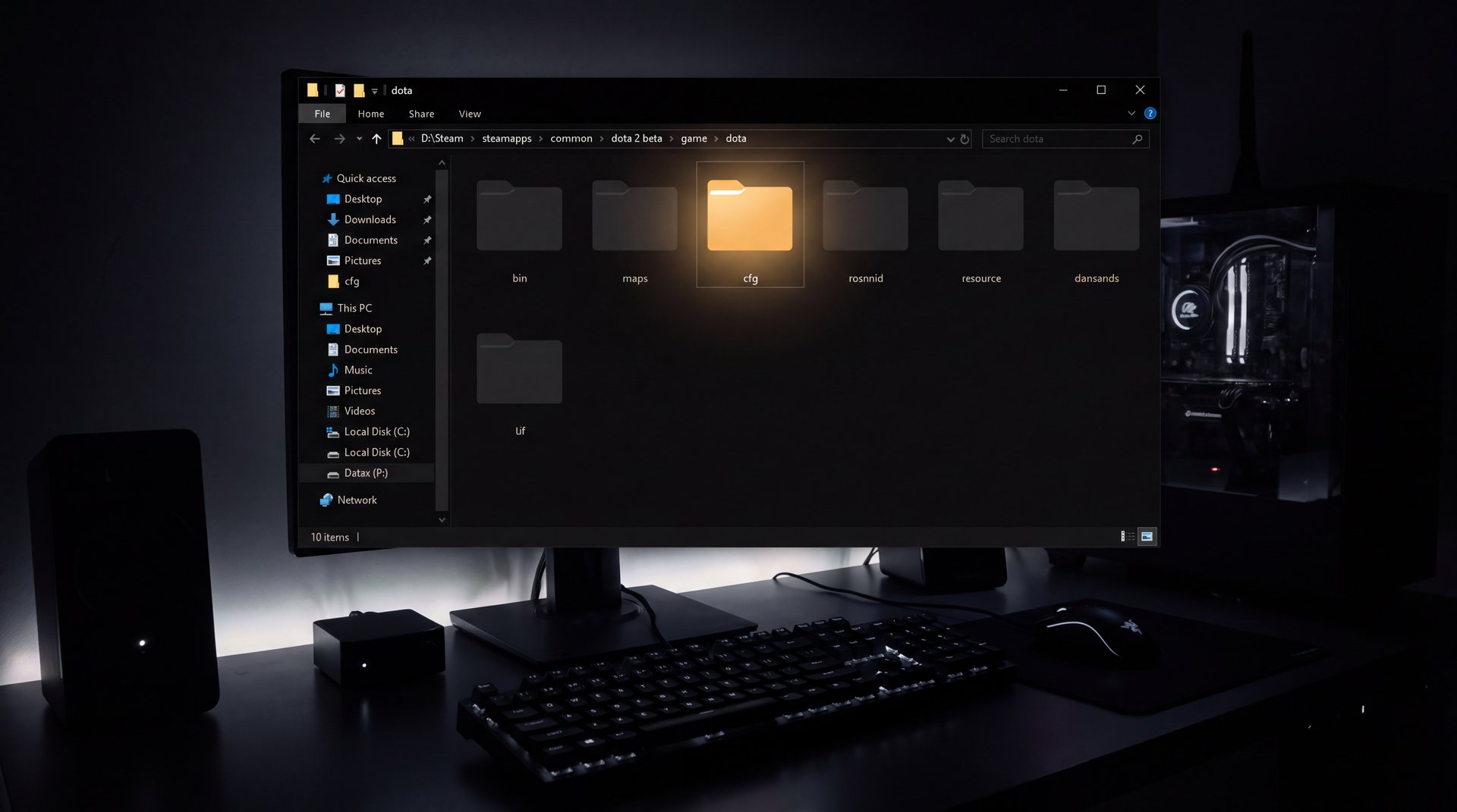 Steam folder structure showing Dota 2 beta cfg directory path for autoexec file