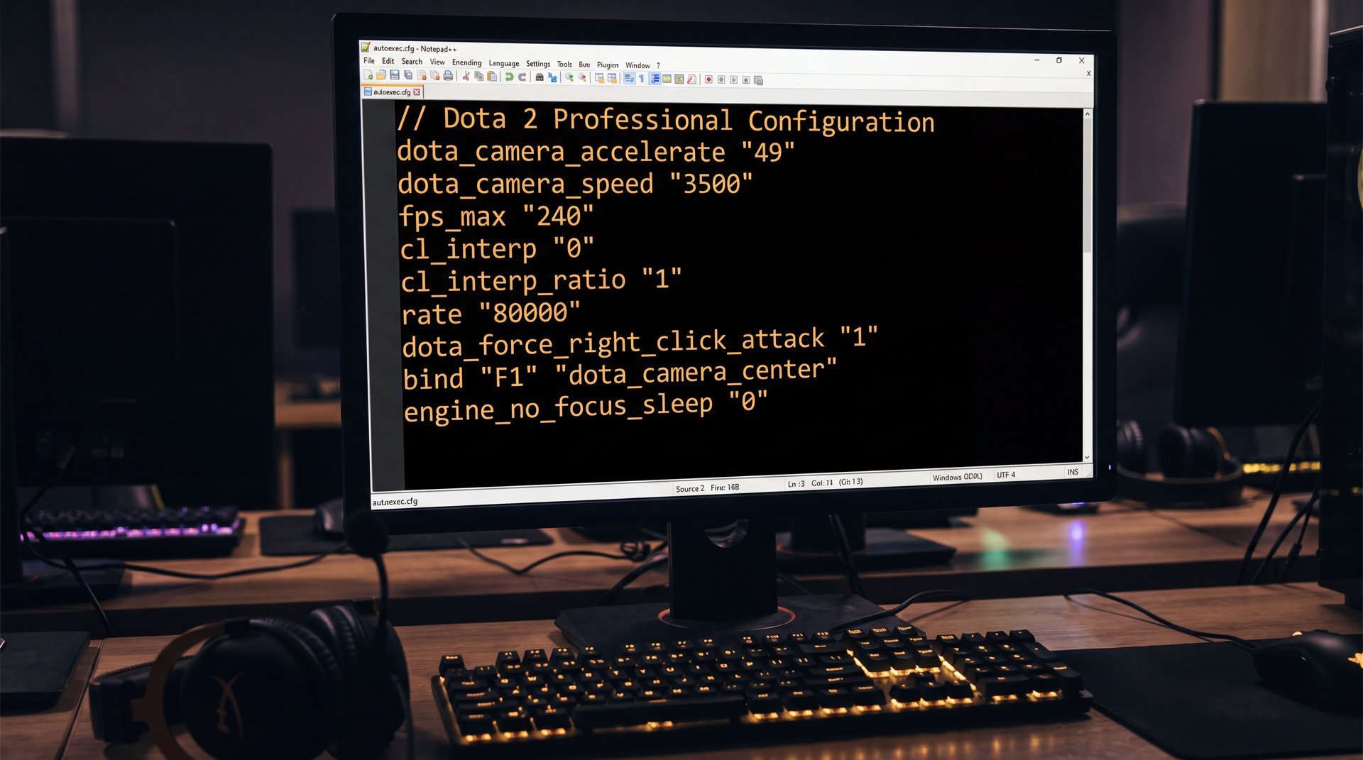 Dota 2 autoexec.cfg configuration file open in dark text editor with gold code text