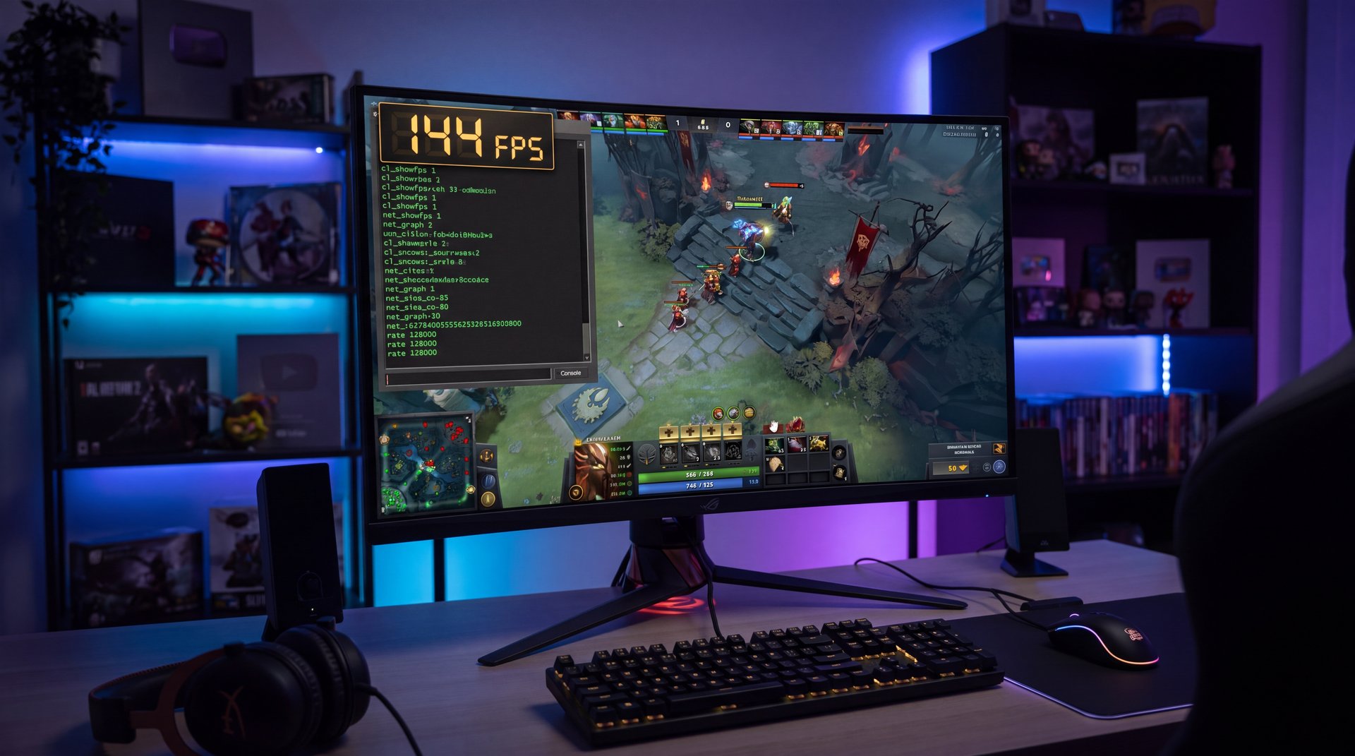 Dota 2 FPS counter and console performance commands on gaming monitor with gold interface