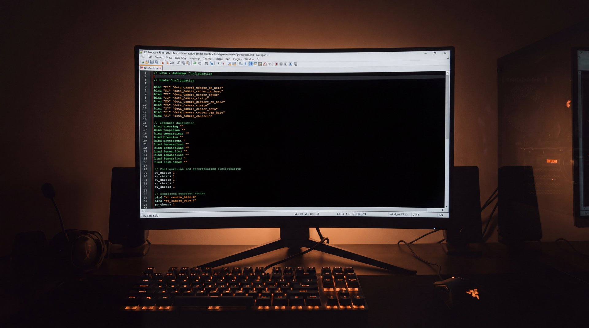 Dota 2 autoexec cfg troubleshooting text editor with configuration code on dark background