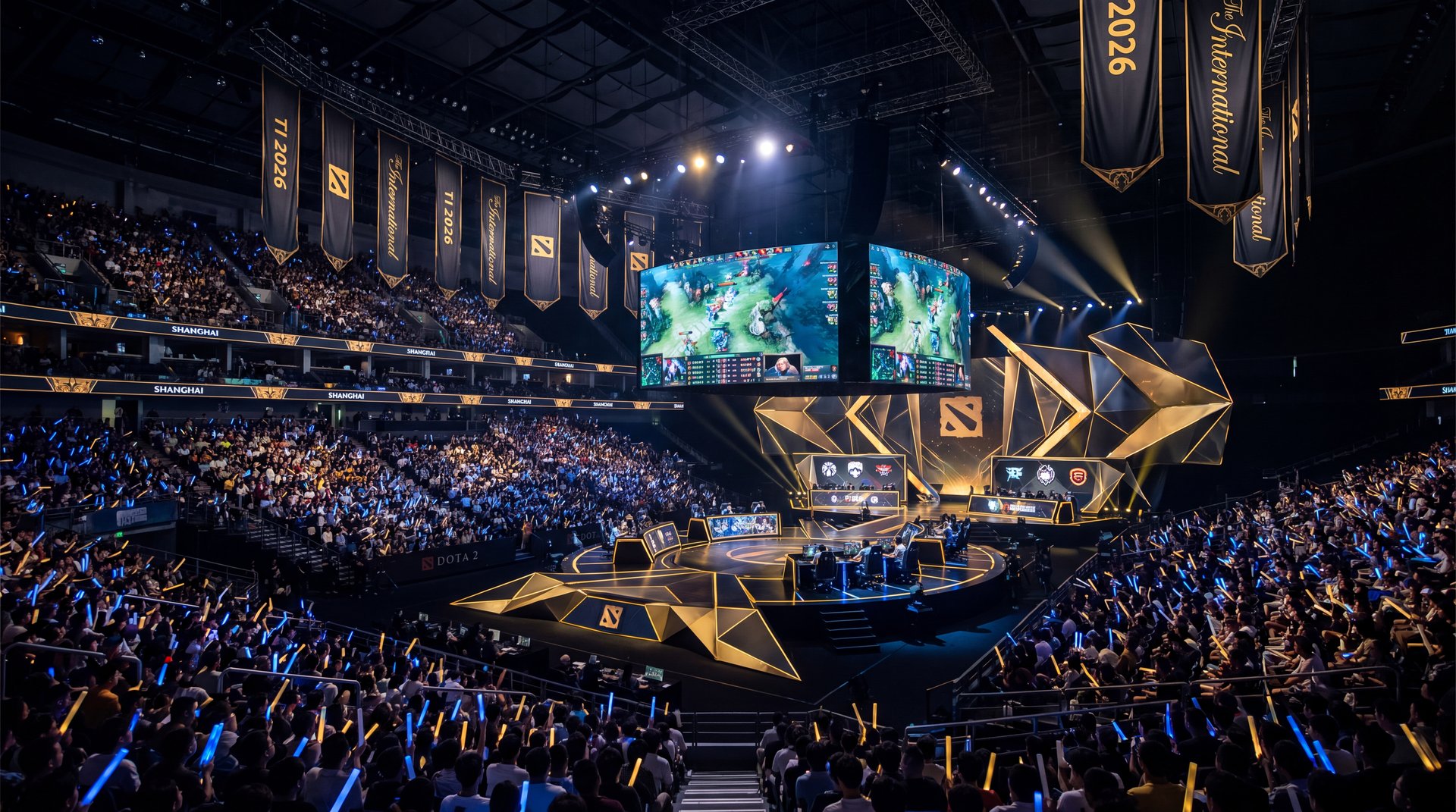 TI 2026 Shanghai esports arena stage dark cinematic gaming