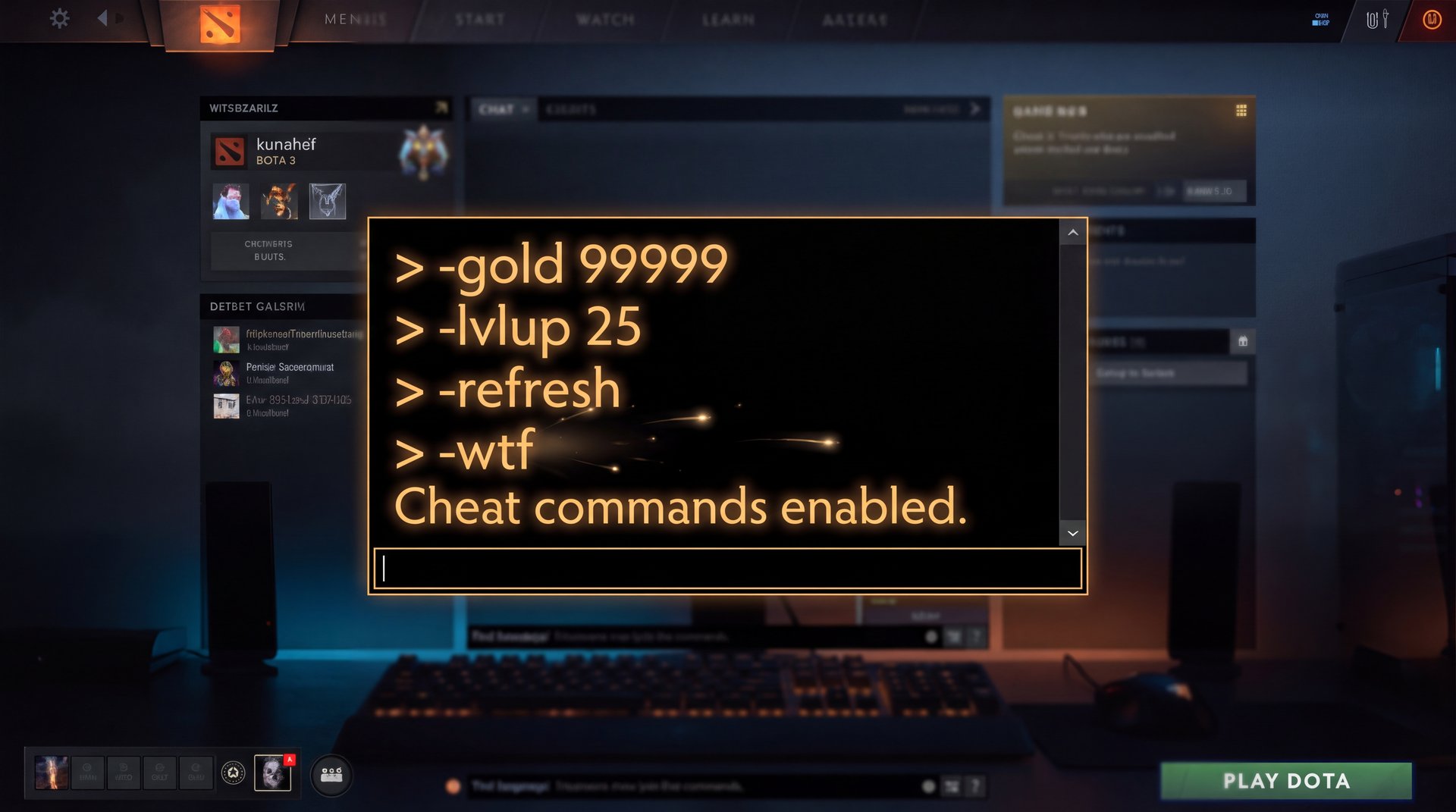 Dota 2 practice lobby chat commands interface showing cheat commands on dark cinematic background with gold accents