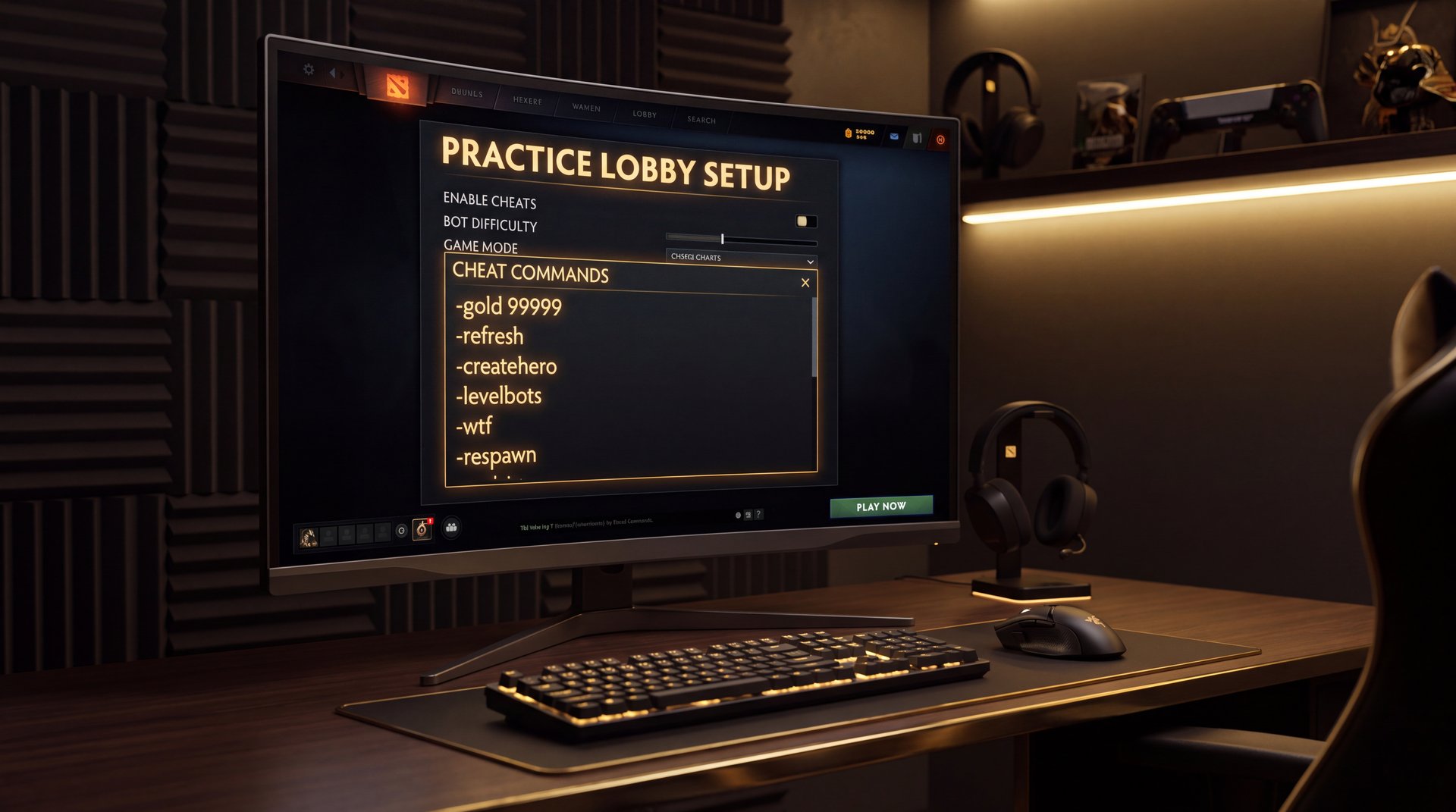 Dota 2 practice lobby setup screen with cheat commands on dark cinematic background