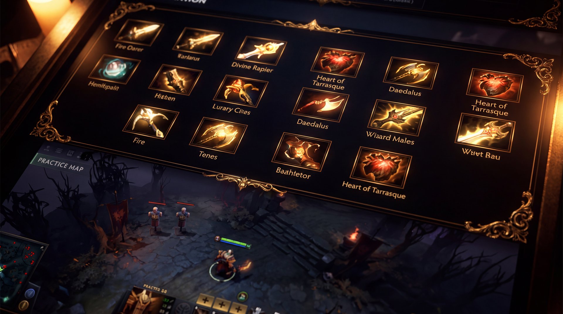 Dota 2 item shop interface showing various items for testing in practice lobby with gold accents on dark background