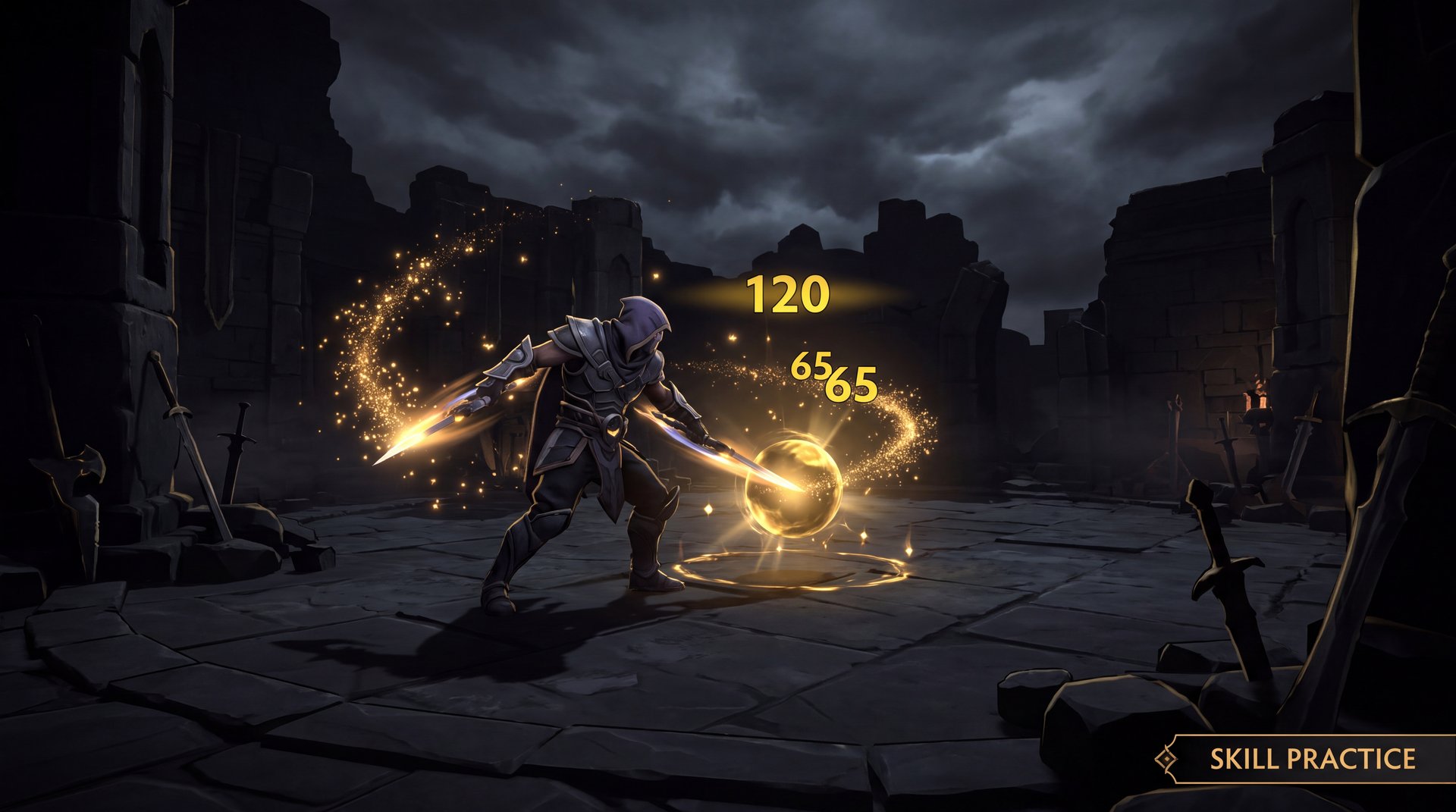 Dota 2 hero performing last hit mechanics in practice training session with atmospheric dark gold gaming background