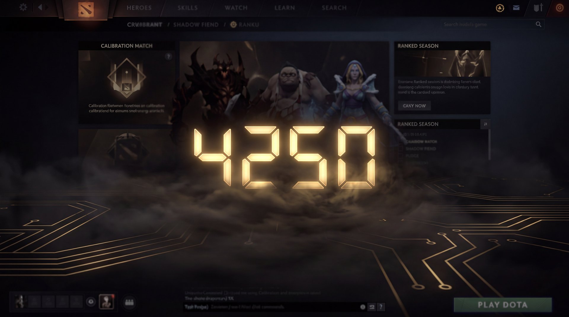 Dota 2 calibration system and hidden MMR mechanics - dark gaming theme with gold rank icons