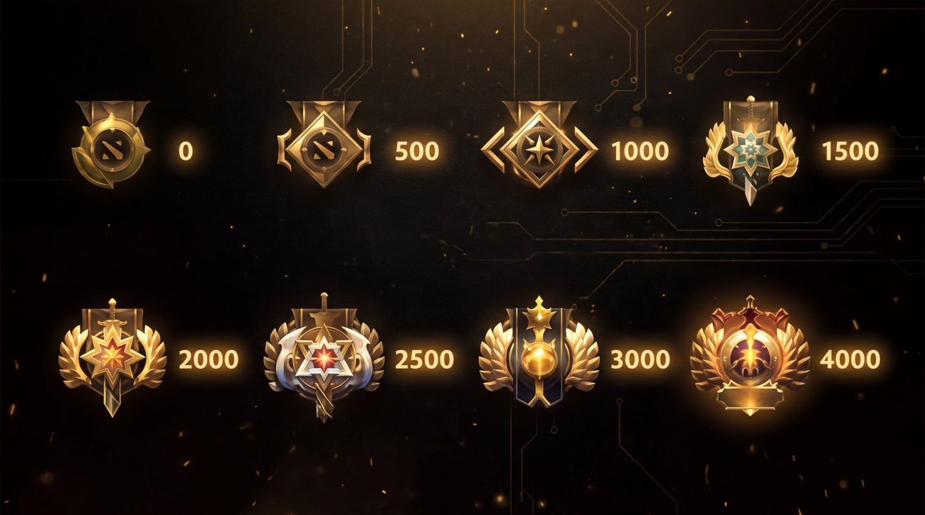 Dota 2 medal and MMR myths - rank medals displayed from Herald to Immortal on dark background