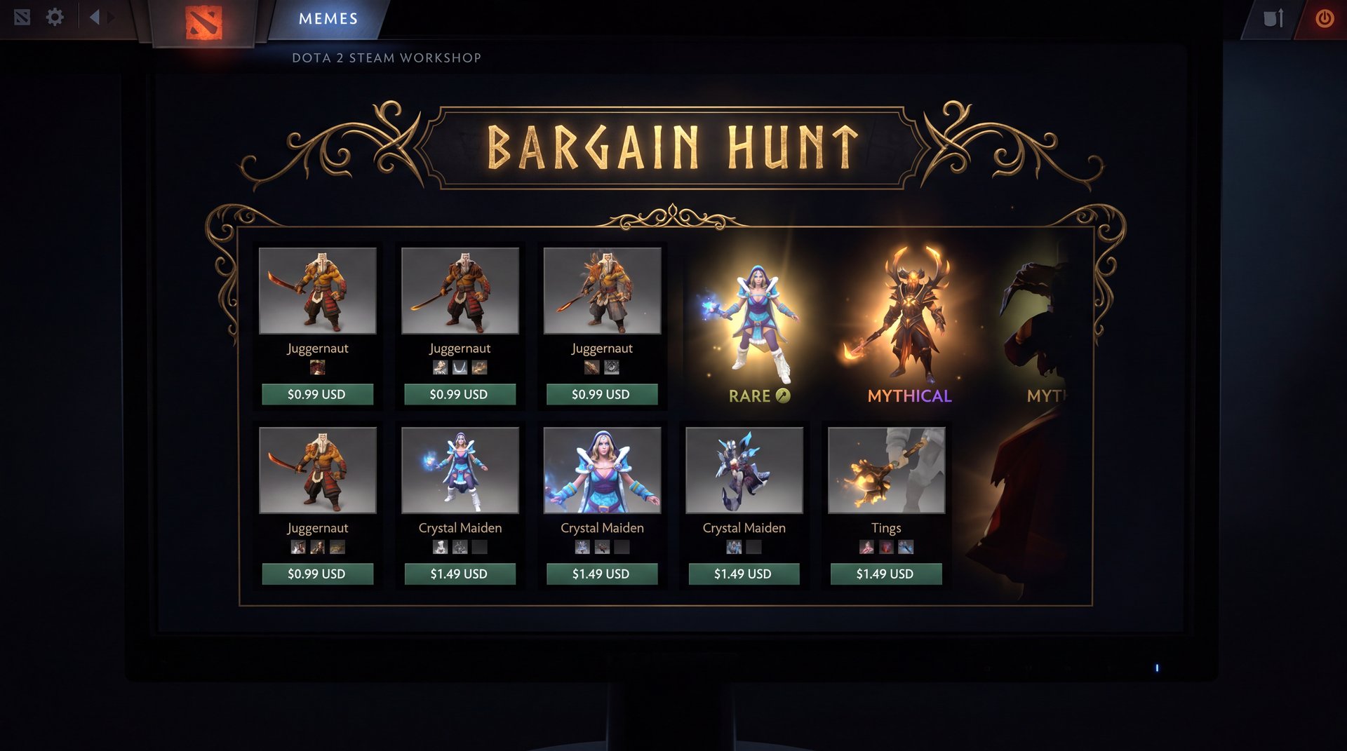 Dota 2 Steam Market budget cosmetic sets filter interface