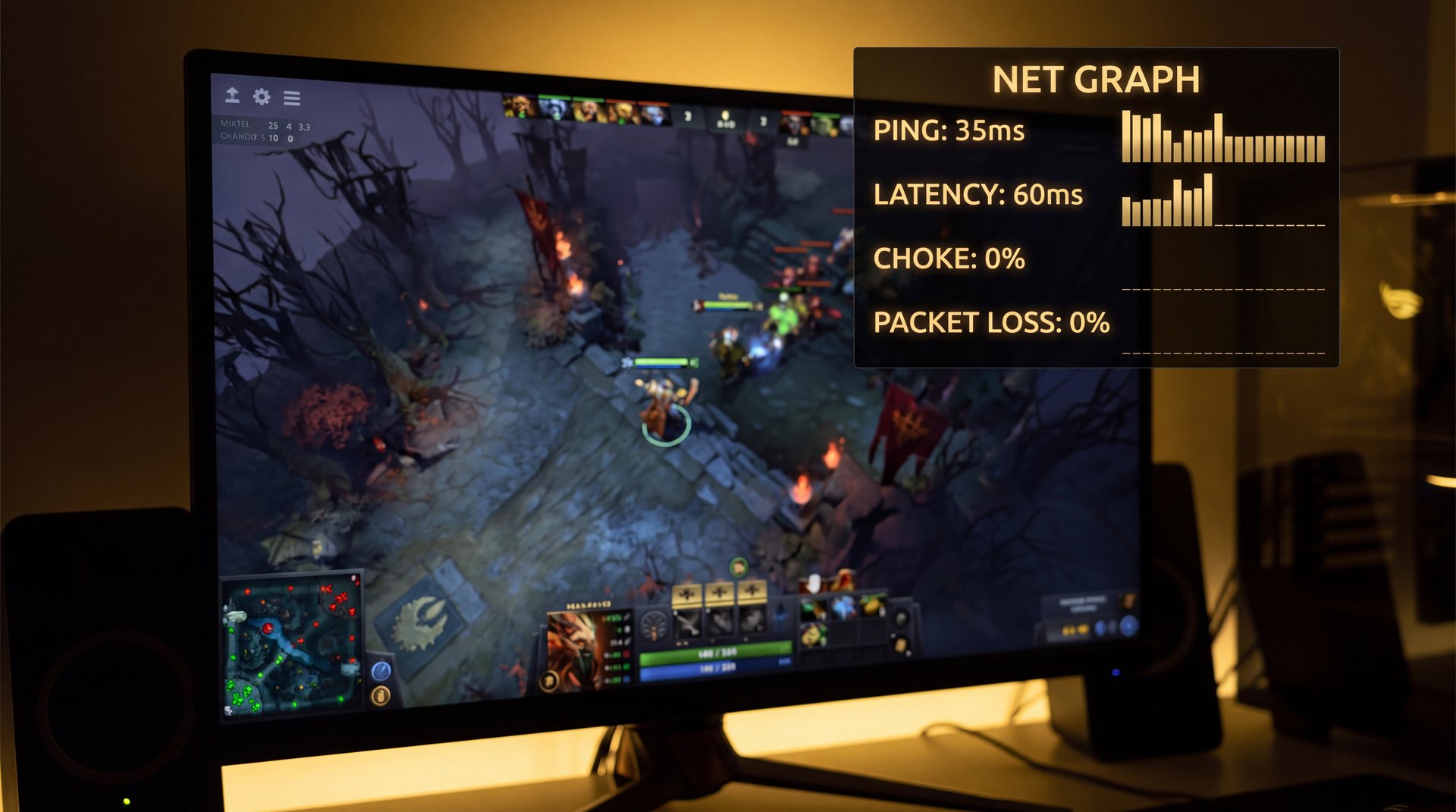 Dota 2 net_graph overlay showing ping, packet loss, choke and network statistics for Iranian players
