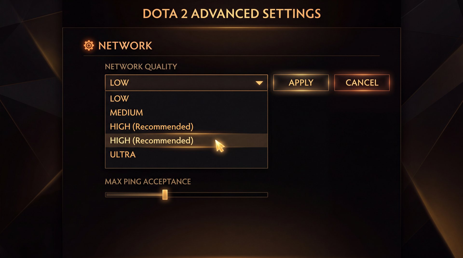 Dota 2 advanced network settings panel showing Network Quality and connection options