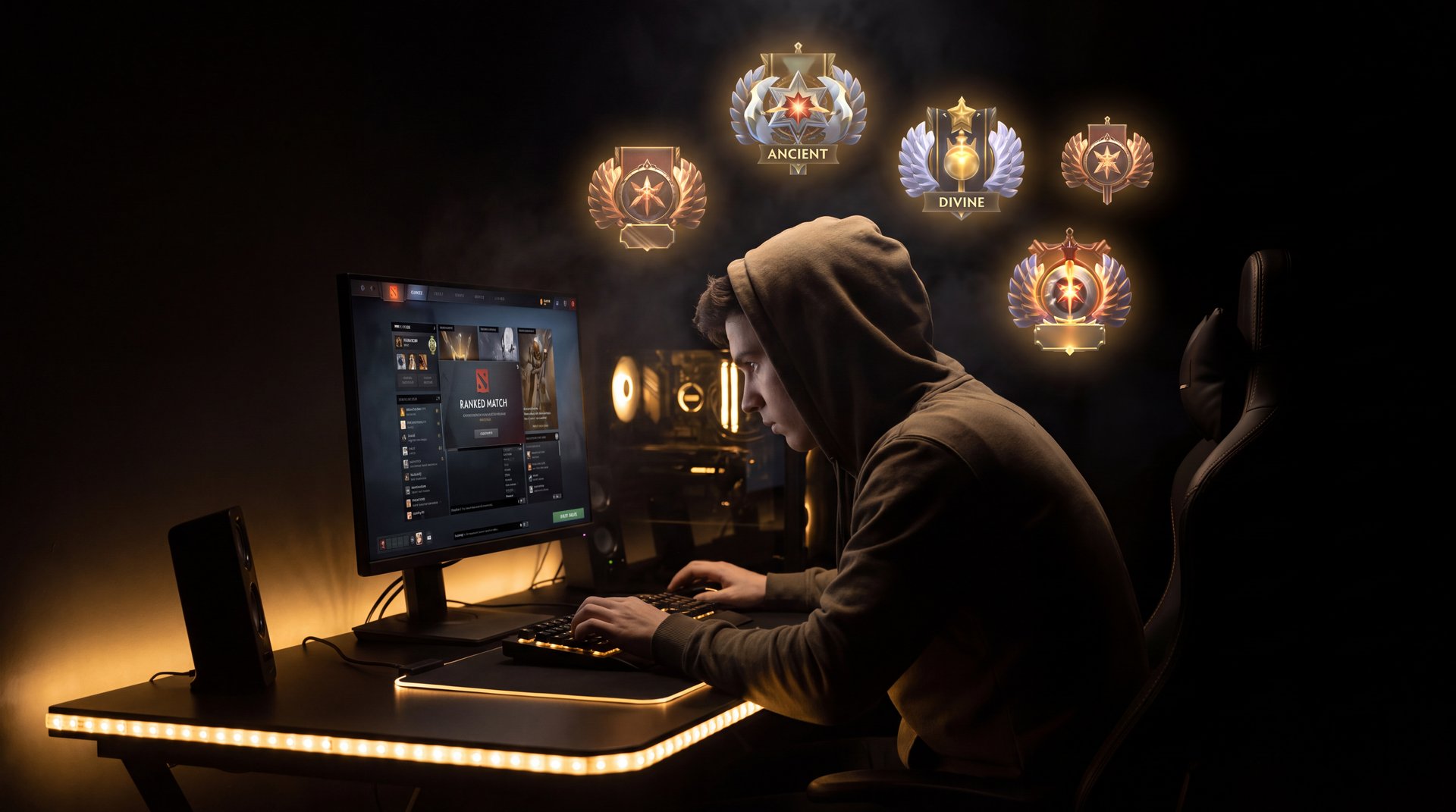 Dota 2 solo ranked queue MMR grind strategy, rank medals floating in dark background