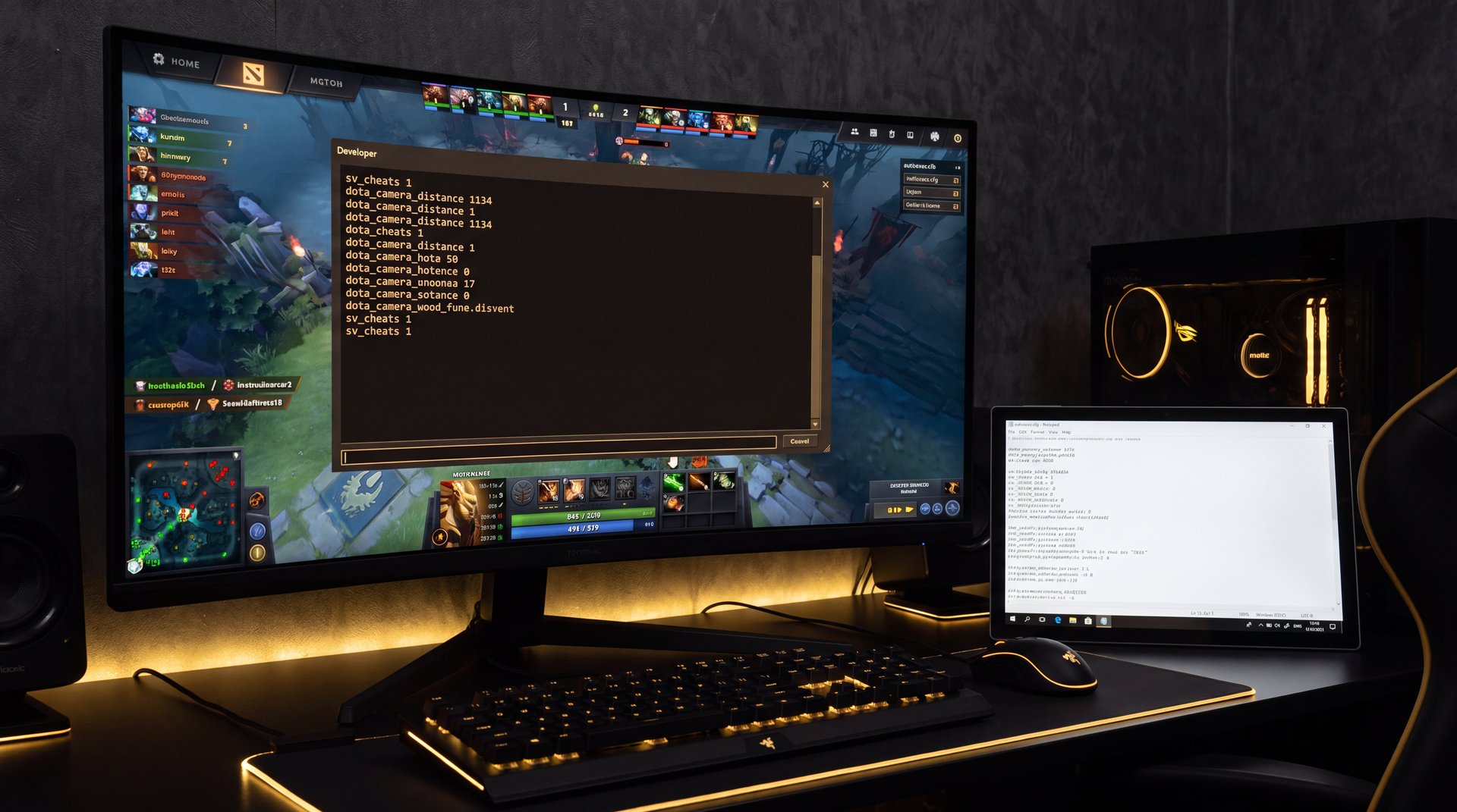 Dota 2 console commands terminal interface showing professional player settings and configuration